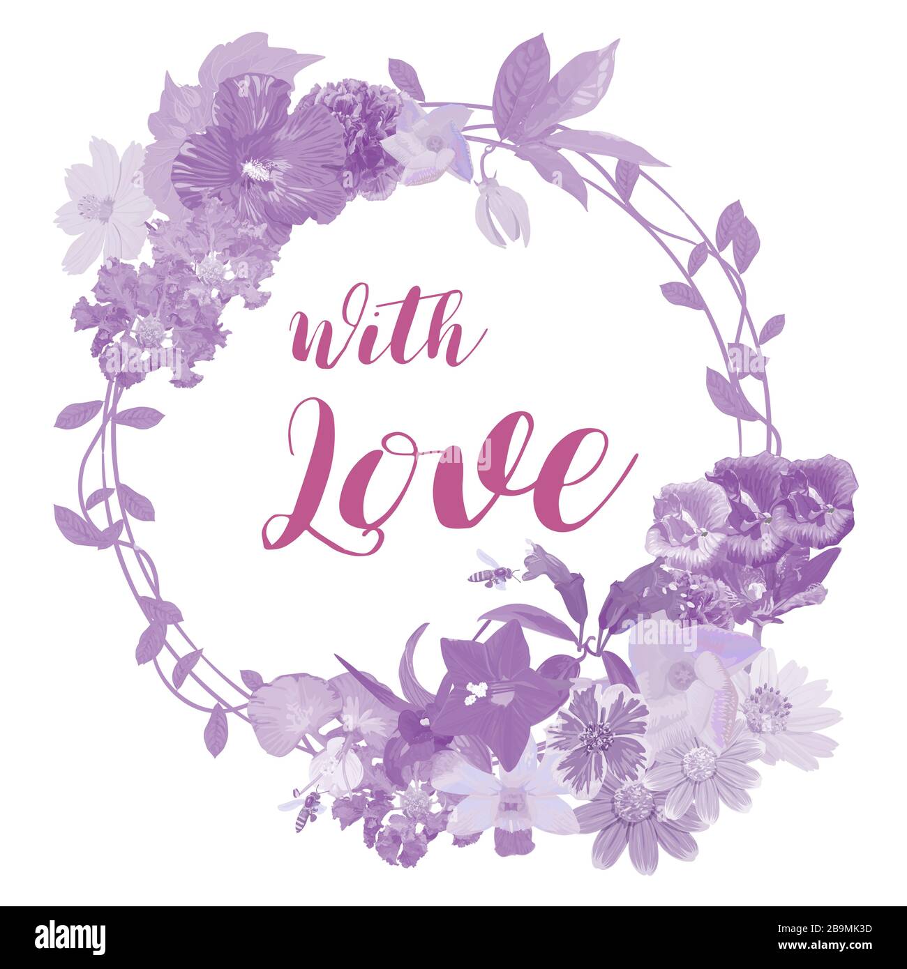 Die violette Tone garland der realistischen Blume mit fliegender Biene isoliert auf weißem Hintergrund mit dem Text, mit Liebe, Vektor illustratiom. Stock Vektor