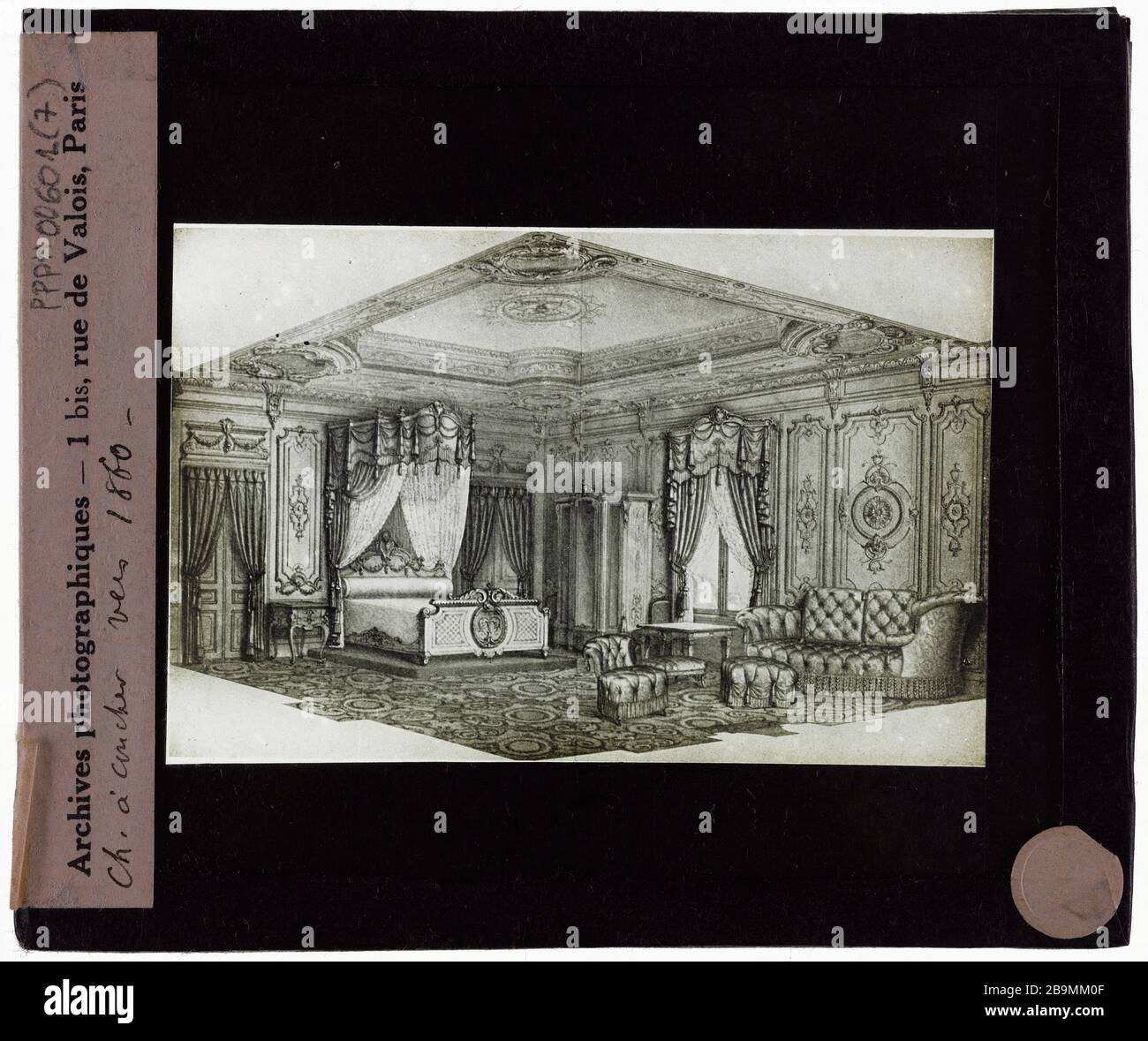 Möbel. Schlafzimmer 1860 Mobilier. Chambre à coucher vers 1860. Photographie de Jacques-Ernest Bulloz (1858-1942). 1900-1930. Musée des Beaux-Arts de la Ville de Paris, Petit Palais. Stockfoto