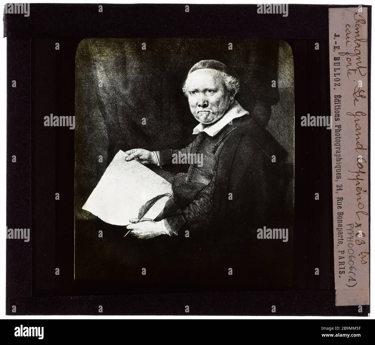 Rembrandt van Rijn (1606-1669), niederländischer Maler. Radierungen. Der große Coppenol Rembrandt van Rijn (1606-1669), Peintre hollandais. Eaux Fortes. "Le Grand Coppénol". Plaque de projection noir et blanc. 1900-1930. Photographie de Jacques-Ernest Bulloz (1858-1942). Musée des Beaux-Arts de la Ville de Paris, Petit Palais. Stockfoto