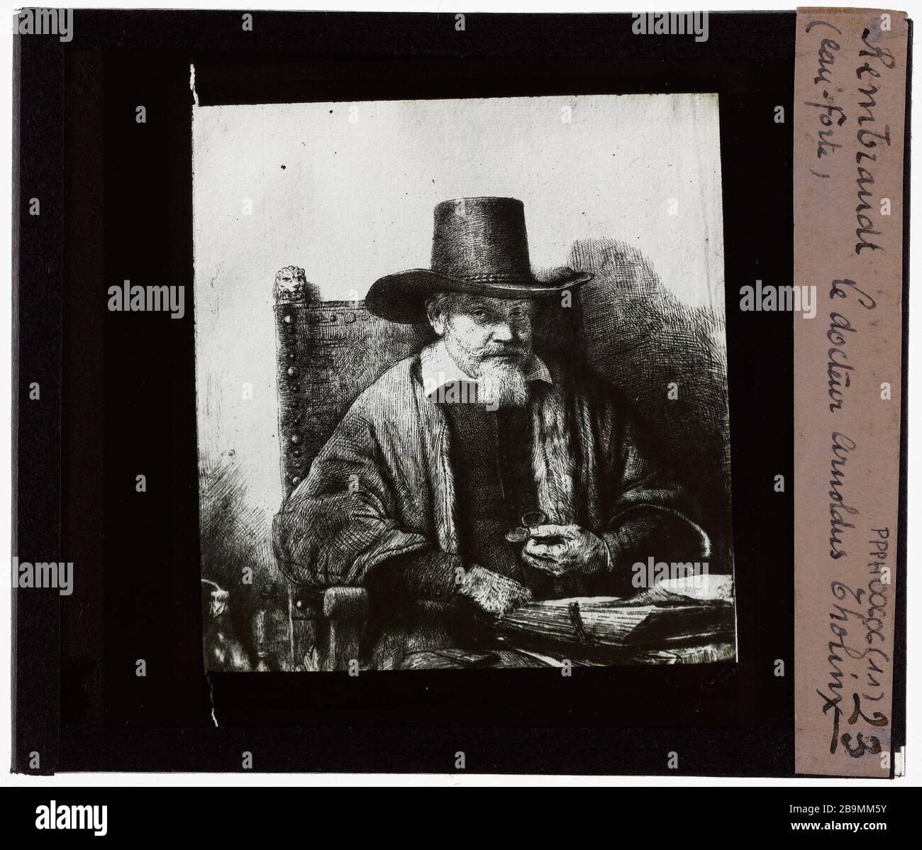 Rembrandt van Rijn (1606-1669), niederländischer Maler. Radierungen. Dr. Sinoleus Thalinx Rembrandt van Rijn (1606-1669), peintre hollandais. Eaux Fortes. "Le docteur Arnold Tholinx". Plaque de projection noir et blanc. 1900-1930. Photographie de Jacques-Ernest Bulloz (1858-1942). Musée des Beaux-Arts de la Ville de Paris, Petit Palais. Stockfoto