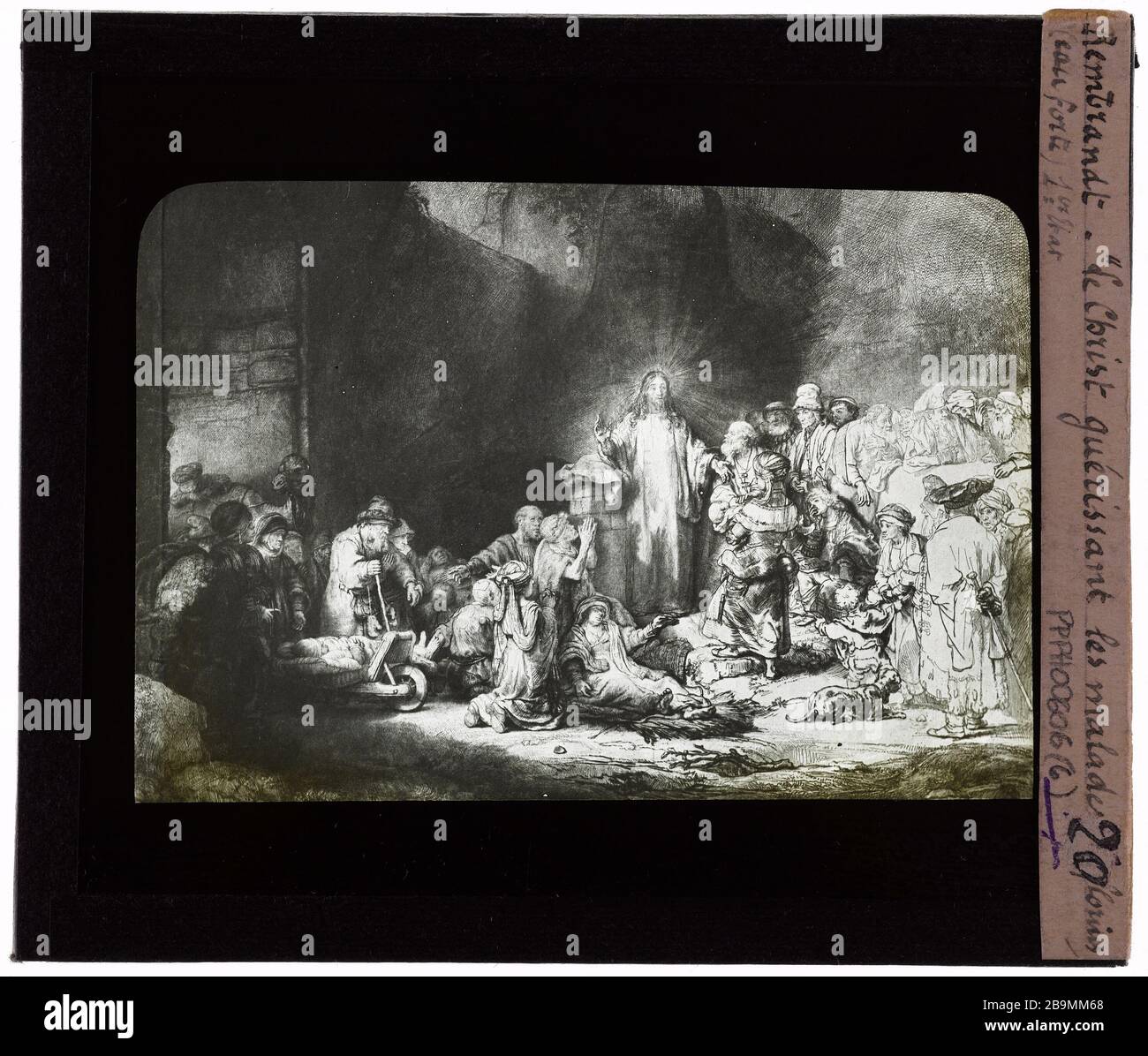 Rembrandt van Rijn (1606-1669), niederländischer Maler. Radierungen. Christus heilt den kranken Rembrandt van Rijn (1606-1669), pintre hollandais. Eaux Fortes. "Le Christus guérissant les malades". Plaque de projection noir et blanc. 1900-1930. Photographie de Jacques-Ernest Bulloz (1858-1942). Musée des Beaux-Arts de la Ville de Paris, Petit Palais. Stockfoto
