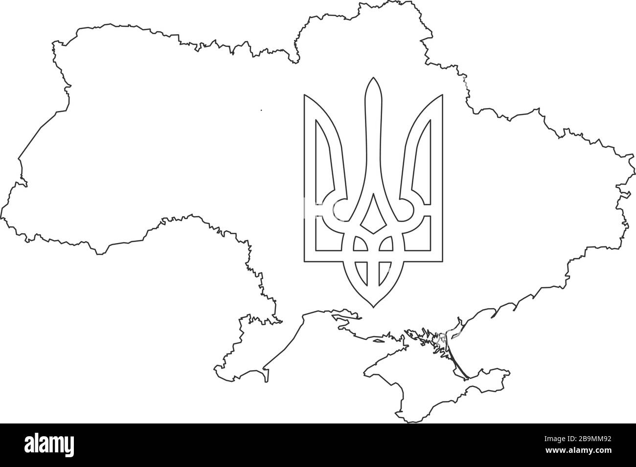 Lineare Karte der Ukraine mit Tryzub. Ukrainisches Wappen, Dreizack-Nationalsymbol. Darstellung des Stock-Vektors auf weißem Hintergrund isoliert Stock Vektor