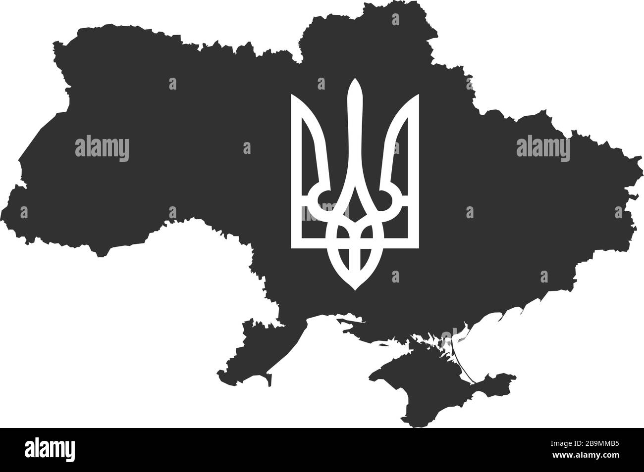 Karte der Ukraine mit Tryzub. Ukrainisches Wappen, Dreizack-Nationalsymbol. Darstellung des Stock-Vektors auf weißem Hintergrund isoliert Stock Vektor