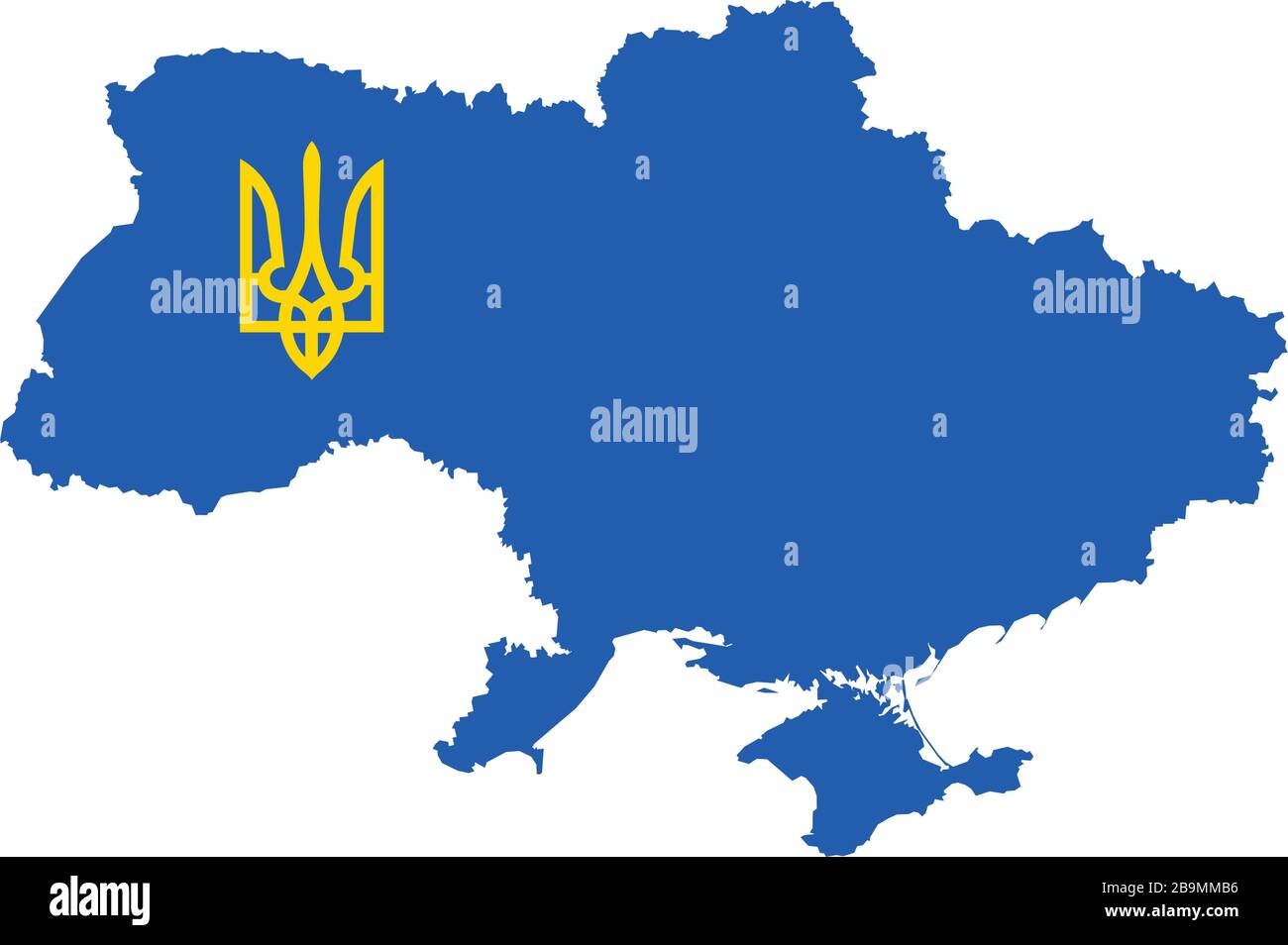 Karte der Ukraine mit Tryzub. Ukrainisches Wappen, Dreizack-Nationalsymbol. Darstellung des Stock-Vektors auf weißem Hintergrund isoliert Stock Vektor