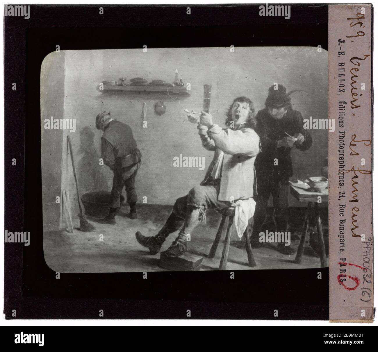 Dutuit Kollektion. Flämische Gemälde. Teniers, Smokers legs Eugène et Auguste-Dutuit. Peinturen Flamanden. David Teniers (1610-1690). "Les fumeurs". Plaque de projection noir et blanc. 1900-1930. Photographie de Jacques-Ernest Bulloz (1858-1942). Musée des Beaux-Arts de la Ville de Paris, Petit Palais. Stockfoto