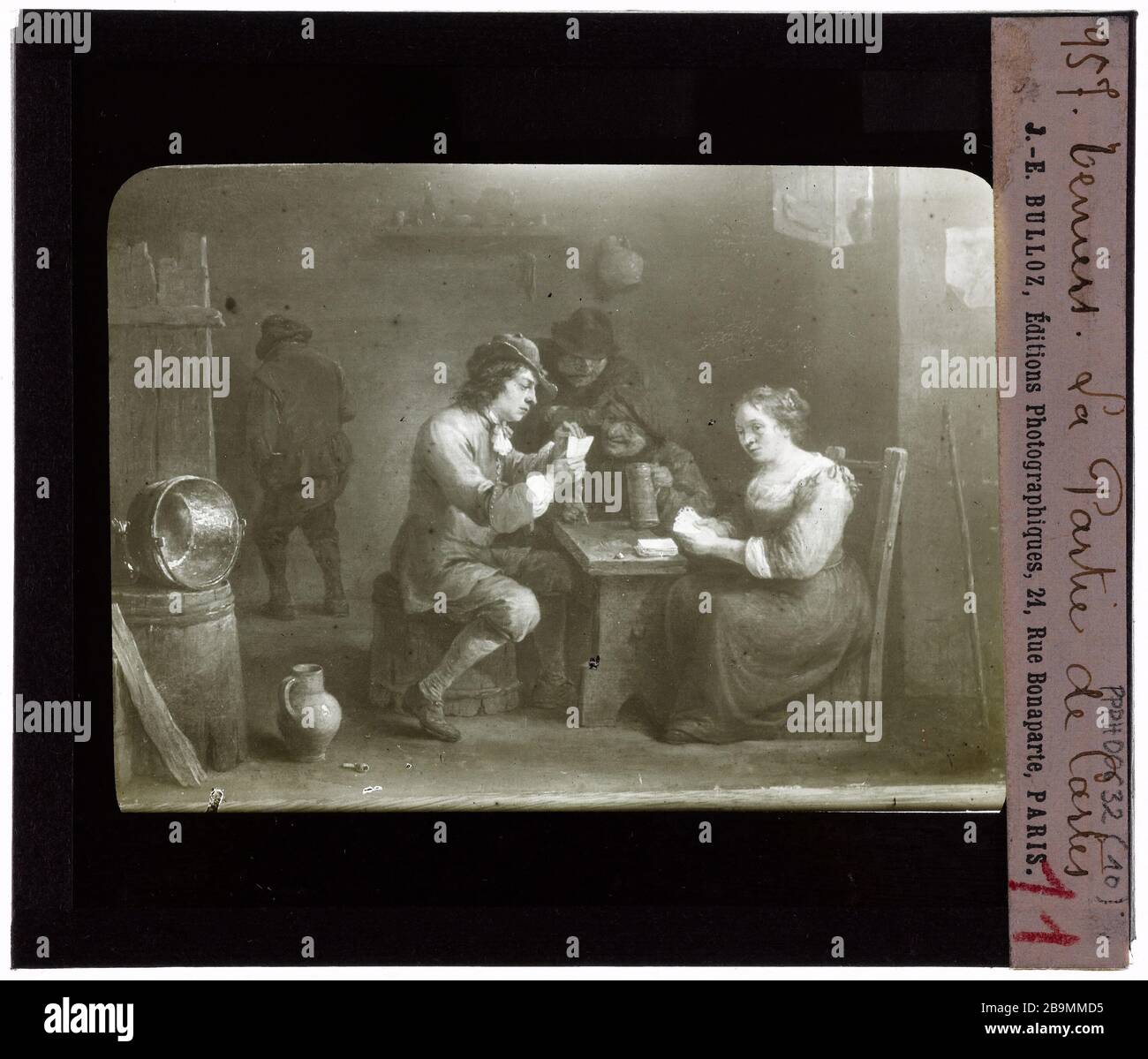 Legs und Eugene Auguste-Dutuit. Flämische Gemälde. Teniers, das Kartenspiel legs Eugène et Auguste-Dutuit. Peinturen Flamanden. David Teniers (1610-1690). "La Partie de cartes". Photographie de Jacques-Ernest Bulloz (1858-1942). Plaque de projection. 1900-1930. Musée des Beaux-Arts de la Ville de Paris, Petit Palais. Stockfoto