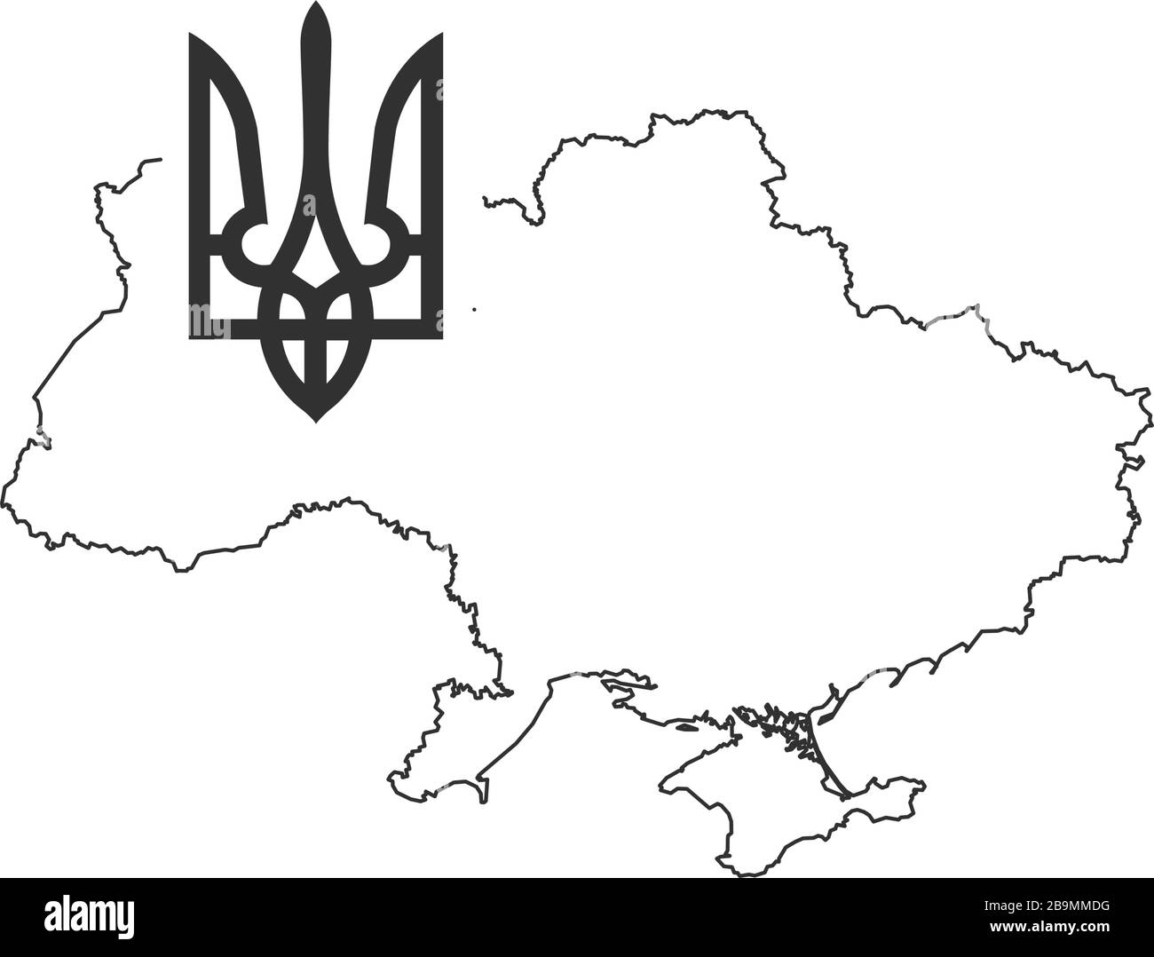 Lineare Karte der Ukraine mit Tryzub. Ukrainisches Wappen, Dreizack-Nationalsymbol. Darstellung des Stock-Vektors auf weißem Hintergrund isoliert Stock Vektor
