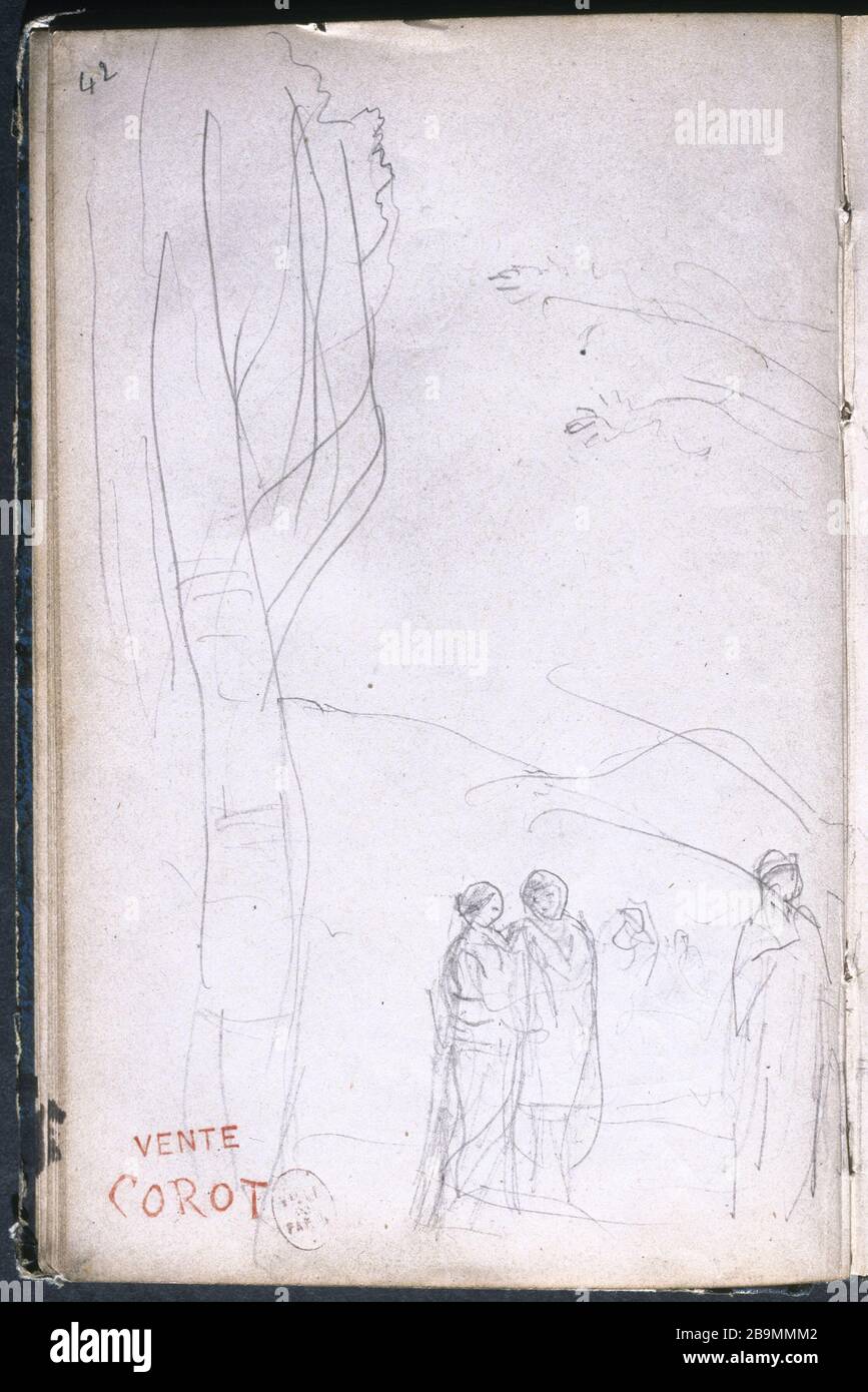 Buch der Zeichnungen von Figuren in einer Landschaftsstudie, erste Hälfte, Seite 42 Camille Jean-Baptiste Corot (1796-1875). "Carnet de dessins: Étüde personnages dans un paysage, première moitié, Seite 42". Crayon sur Papier. Paris, musée Carnavalet. Stockfoto