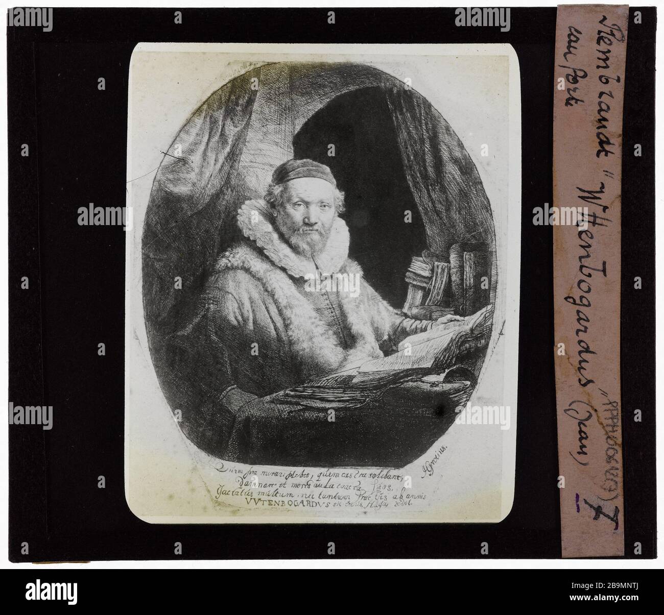 Rembrandt van Rijn (1606-1669), niederländischer Maler. Radierungen. Whenbogardus Rembrandt van Rijn (1606-1669), pintre hollandais. Eaux Fortes. "Whenbogardus". Plaque de projection noir et blanc. 1900-1930. Photographie de Jacques-Ernest Bulloz (1858-1942). Musée des Beaux-Arts de la Ville de Paris, Petit Palais. Stockfoto