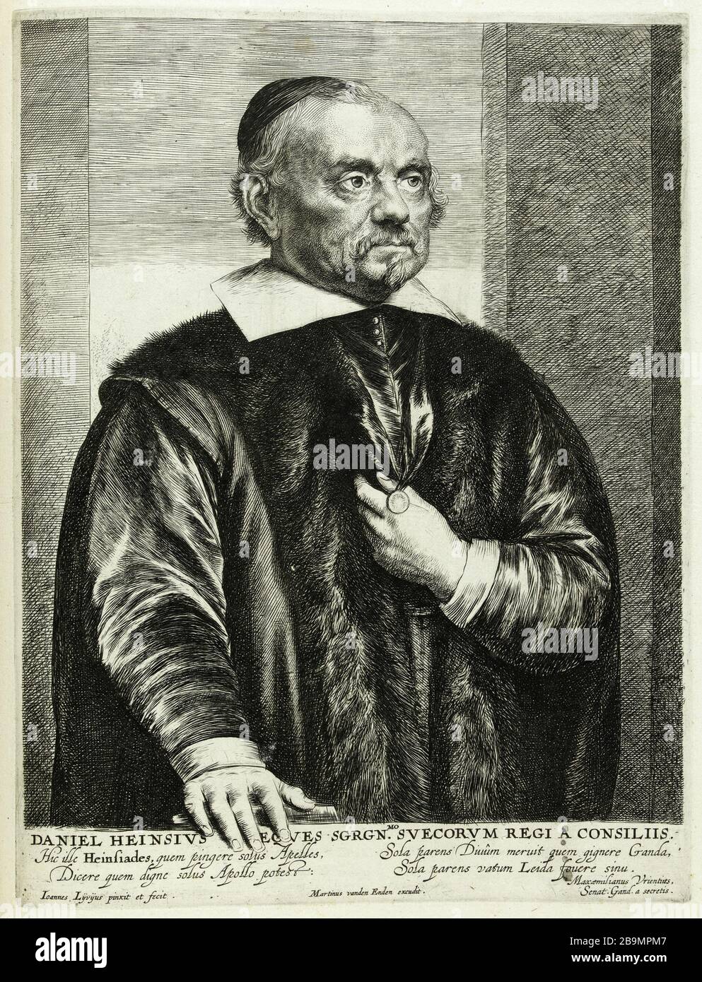 Heinsius (Dutuit Van Lienvens) Jan Lievens (1607-1674). Portrait de Heinsius (Dutuit, Van Lienvens), extrait du recueil Debois. Eau-forte, burin sur Papier, 1641-1641. Musée des Beaux-Arts de la Ville de Paris, Petit Palais. Stockfoto