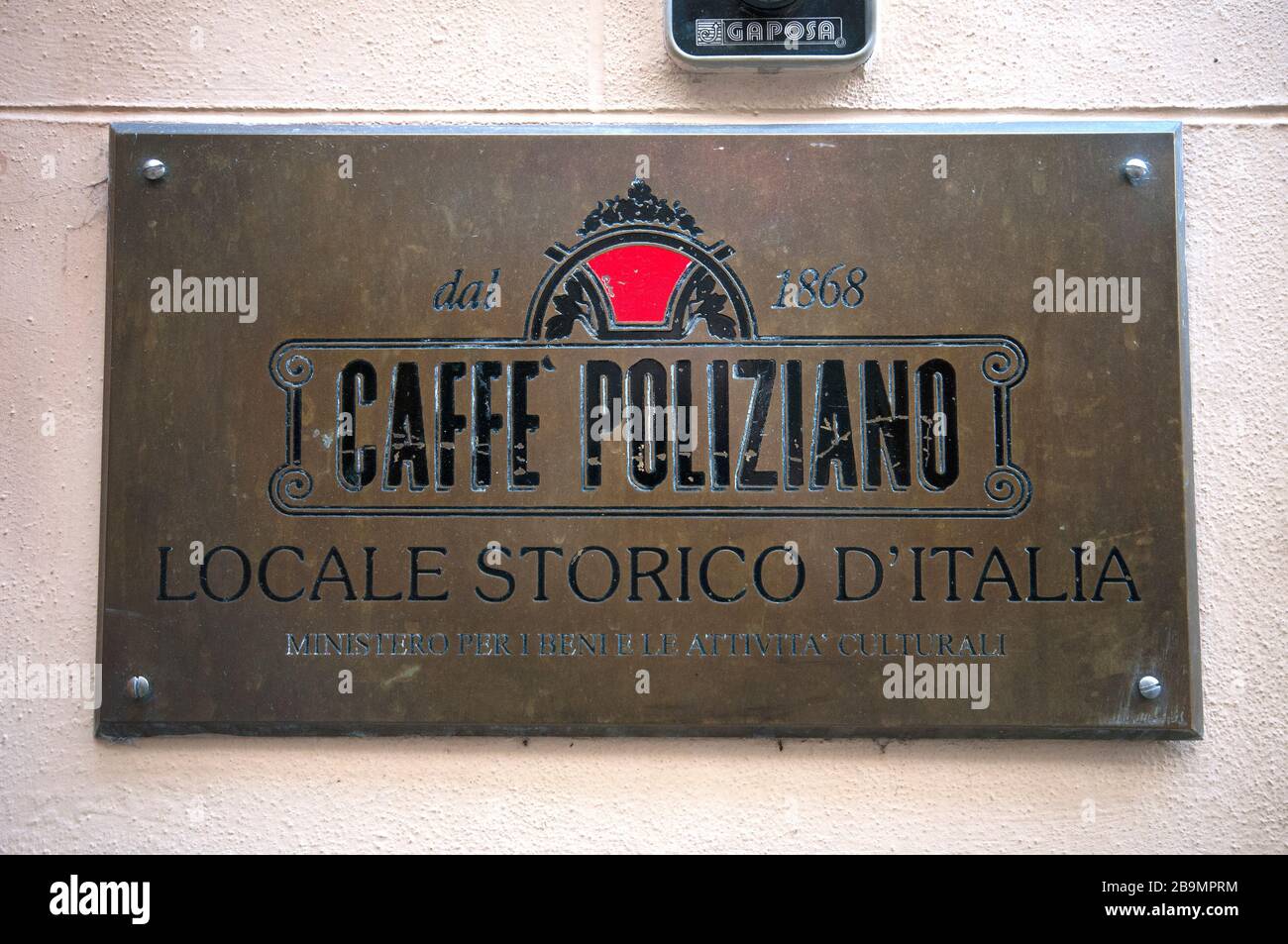 Zeichen des historischen Caffè Poliziano (ab dem Jahre 1868), Montepulciano, Toskana, Italien Stockfoto