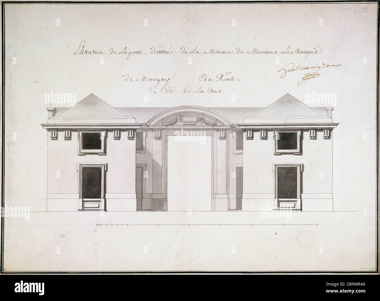 ERHÖHUNG DER HAUSTÜR UND FLAGGEN DER KÜSTE DES GERICHTSHOFES VON MR. HOUSE DES MARQUIS MARIGNY ZU ROLLEN JACQUES GERMAIN SOUFFLOT (1713-1780). "Elévation de la porte d'entrée de la Maison du Marquis de Marigny, au Roule, du côté de la cour", 1770. Dessin. Paris, musée Carnavalet. Stockfoto
