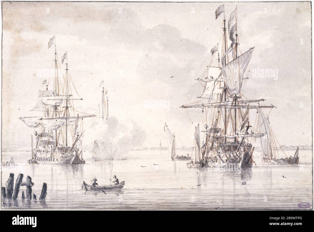 GROSSE DREI SCHIFFE, DIE IN DER FLUSSMÜNDE Willem Van de Velde (1633-1707) VOR ANKER gehen. "Trois grands vaisseaux à l'ancre dans une embouchure de fleuve, le plus éloigné lâche un coup de Canon". Plume et lavis d'encre de Chine. Musée des Beaux-Arts de la ville de Paris, Petit Palais. Stockfoto