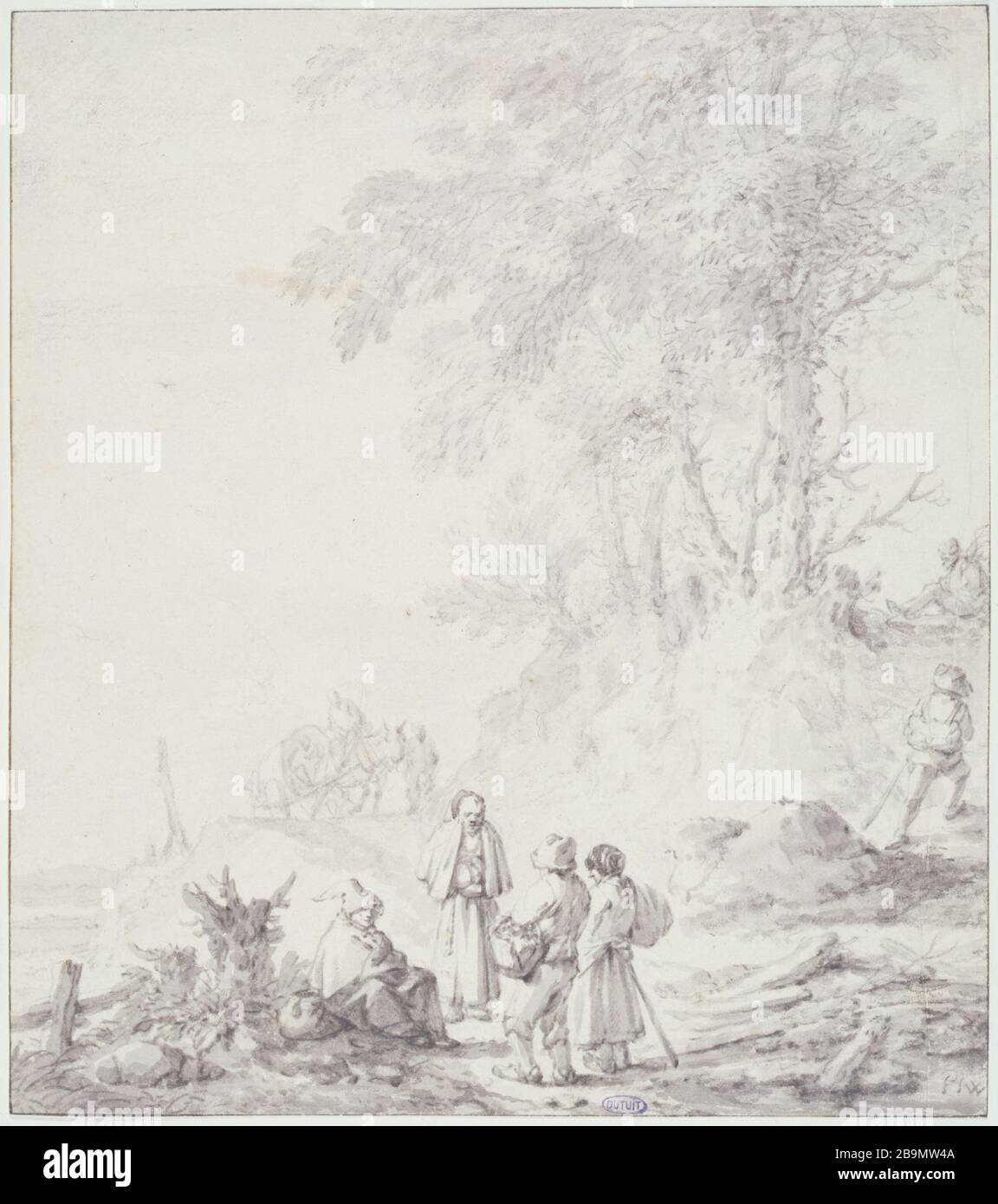 Philips Wouwerman (1619-1668). "Beide Philips Wouwerman (1619-1668). "Les deux moines et les paysans, sur une Route montueuse". Pinceau et encre de Chine. Musée des Beaux-Arts de la Ville de Paris, Petit Palais. Stockfoto