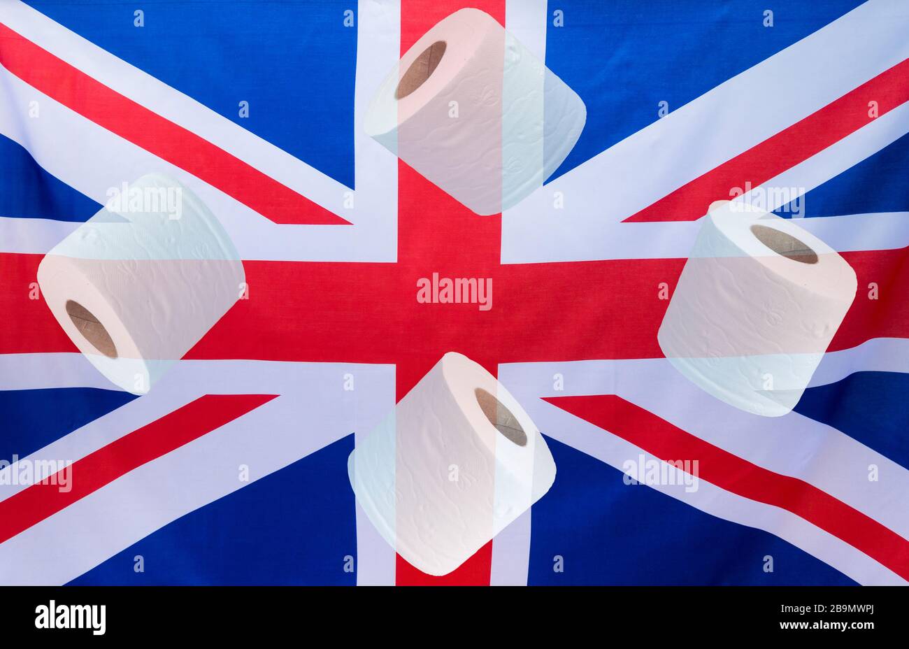 Die Flagge der Union JacKj/Union von Großbritannien mit sich überlappenden toilettenrollen. Coronavirus Panic Kaufkonzept Stockfoto