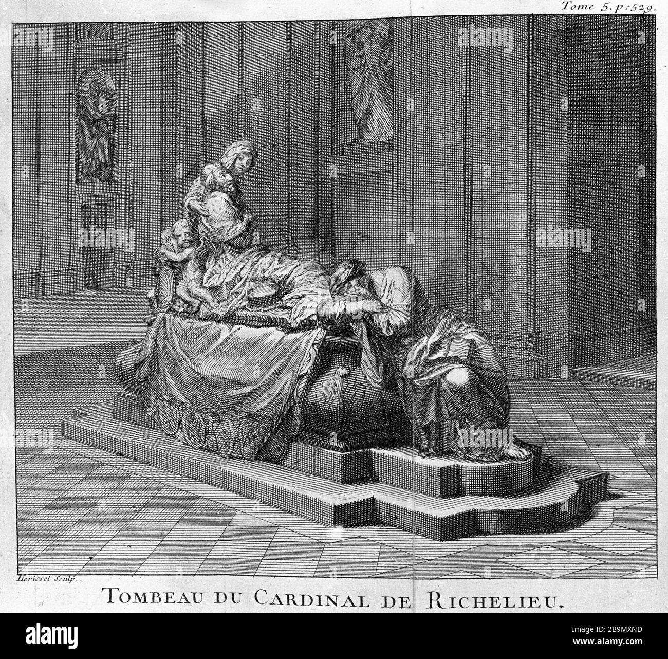 DAS GRAB VON KARDINAL RICHELIEU 'Le tombeau du Kardinal de Richelieu'. Tiefdruck d'A. Herisset, Seite 529 du Volume V de 'La Description de Paris et de ses environs par Piganiol de la Force (1770-1780)'. Musée des Beaux-Arts de la Ville de Paris, Petit Palais. Stockfoto