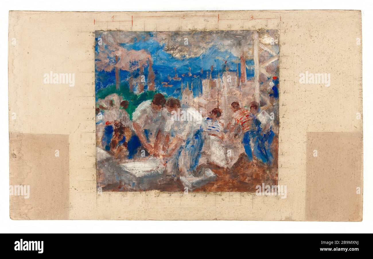 DIE MÄNNER ARBEITEN. GLIEDERUNG FÜR DIE SCHULSTRASSE KUSS JEAN-ALFRED ADLER (1899-1942). "Le travail masculin. Esquisse pour l'école de la rue Kuss'. Huile sur Papier collé sur contreplaqué. 1933. Musée des Beaux-Arts de la Ville de Paris, Petit Palais. Stockfoto