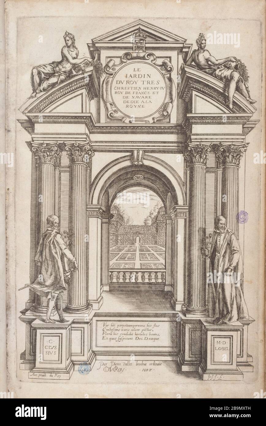 Museum der schönen Künste der Stadt Paris, Petit Palais Pierre Vallet. "Le jardin du roi très chrétien Henri IV, Roi de France et de Navarre (Seite de titer), 1608". Imprimé. Musée des Beaux-Arts de la Ville de Paris, Petit Palais. Stockfoto
