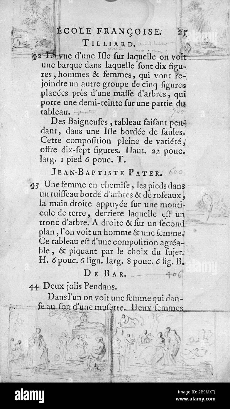 ZEICHNUNG DES KATALOGVERKAUFS BIG Gabriel de Saint-Aubin (1724-1780). Dessins Seite 25 du catalog de la vente Gros, 278. Musée des Beaux-Arts de la Ville de Paris, Petit Palais. Stockfoto