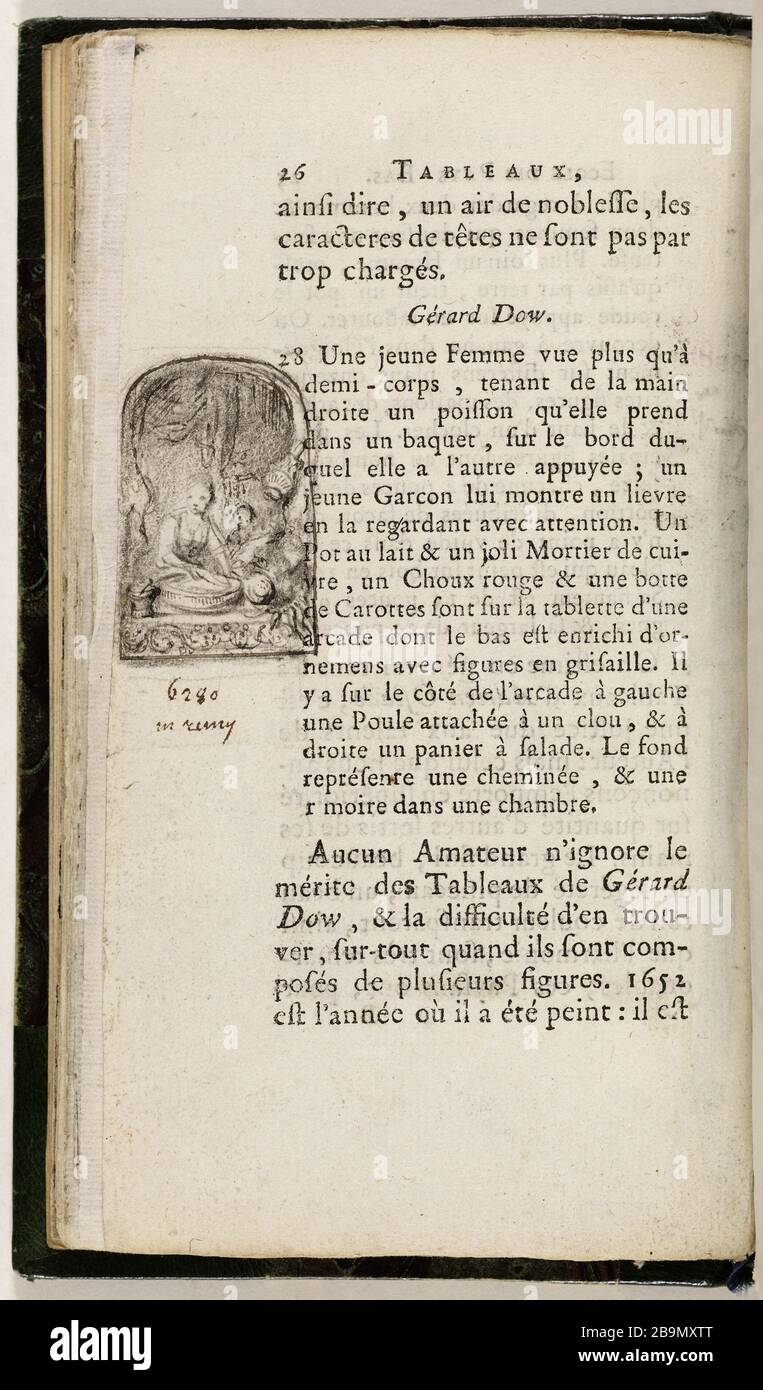 Catalogue raisonné of Fire Cabinet Component Tables Gaignat Mr. Pierre Memy. Gabriel-Illustrationen von Saint-Aubin, 1768-26 Gabriel de Saint-Aubin (1724-1780-17820). Catalogue raisonné des tableaux composant le Cabinet de feu Monsieur Gaignat de Pierre Mémy. Illustrations de Gabriel de Saint-Aubin, 608. S. 26. Crayon sur Papier. 17666. Musée des Beaux-Arts de la Ville de Paris, Petit Palais. Stockfoto