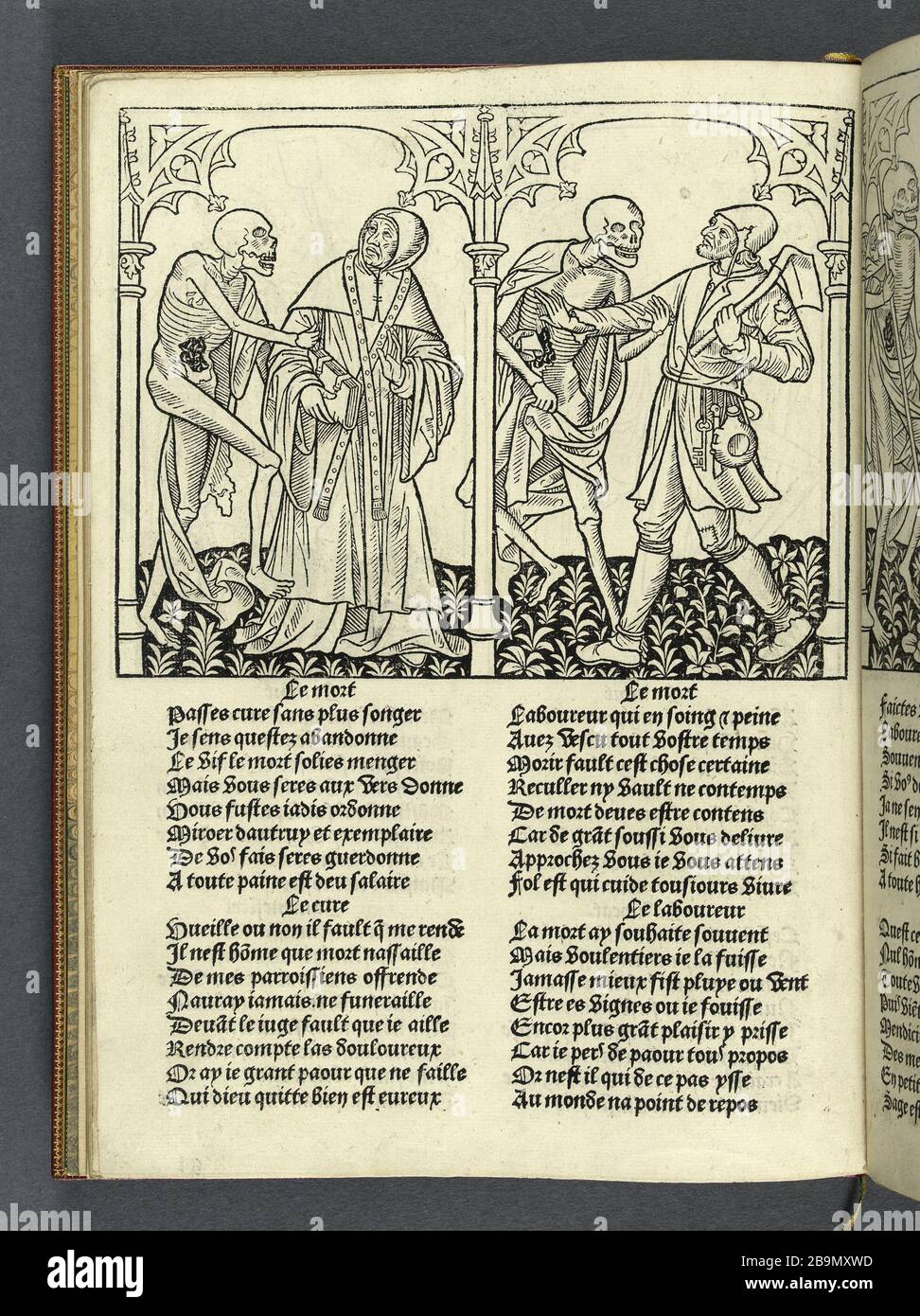 TANZ MAKABRE - SAGT DIE TOTEN DREI UND DREI BRISK 'Danse macabre - Le dit des trois morts et des trois vifs'. Paris, Gillet Couteau et Jean Menard, 1492. Musée des Beaux-Arts de la Ville de Paris, Petit Palais. Stockfoto