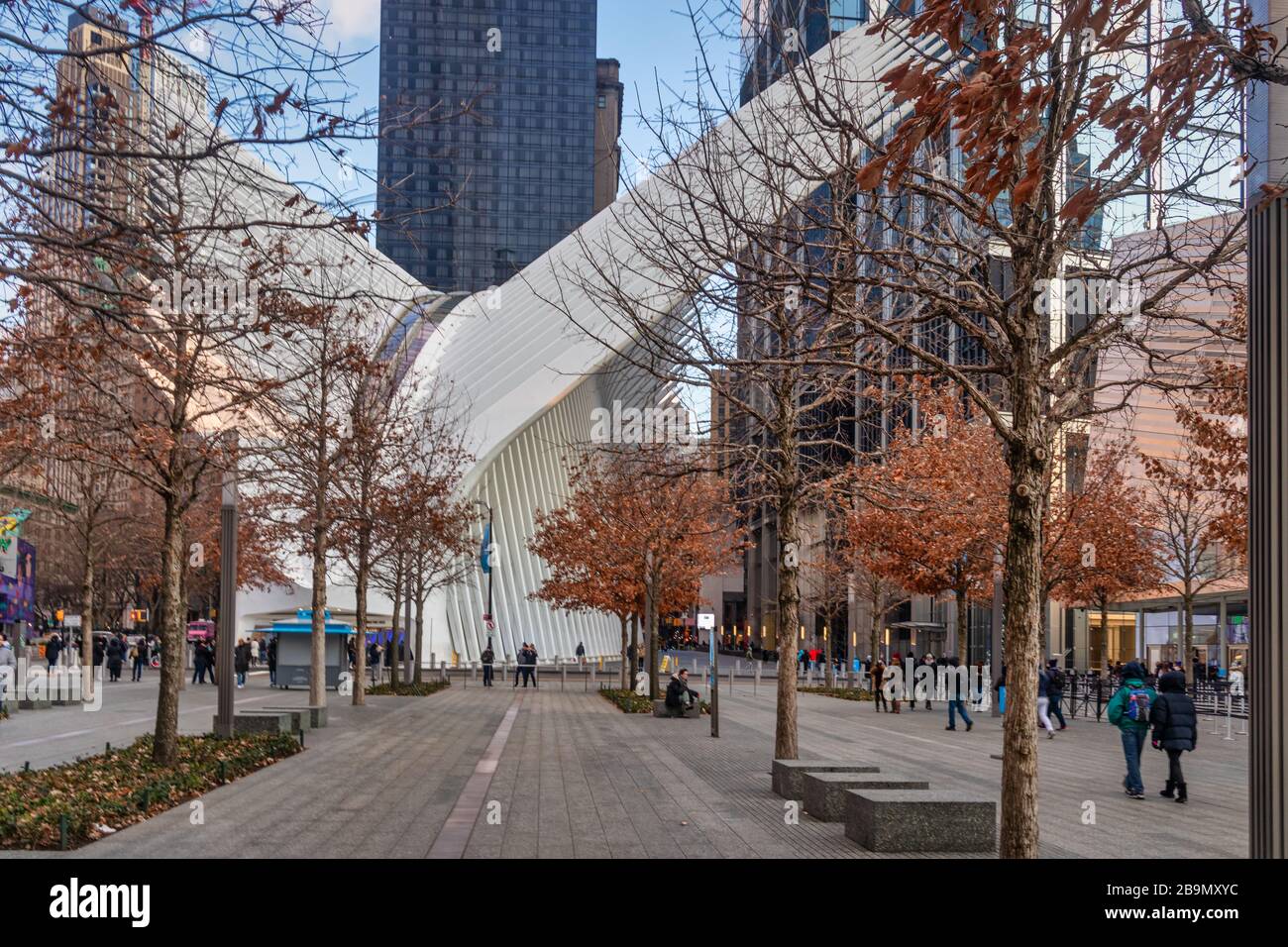 World Trade Center Transportation Hub (Oculus) im NYC Financial District Day Light View mit Bäumen und Menschen zu Fuß Stockfoto