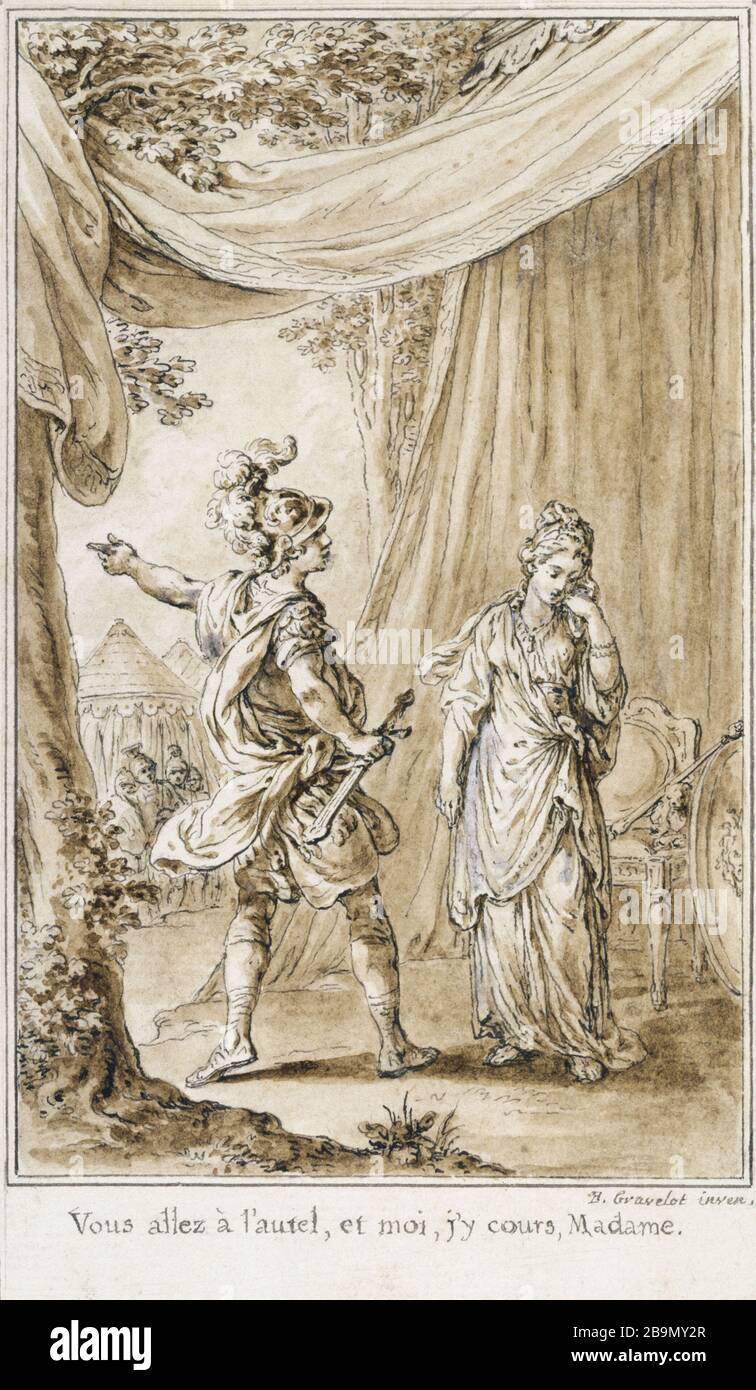 IPHIGENIE 'Iphigénie' : Illustration pour les 'oeuvres' de Jean Racine (1639-1699) - Band 4. Estampe de Hubert Gravelot (1699-1933), avant von 1760-698. Musée des Beaux-Arts de la Ville de Paris, Petit Palais. Stockfoto