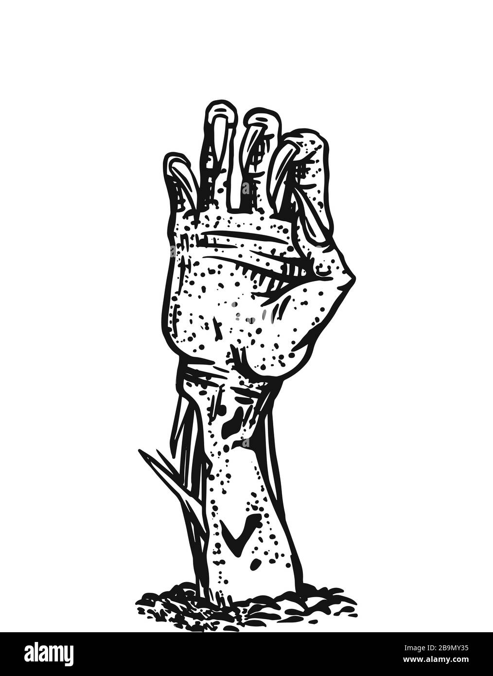 Hand des Toten. Halloween schleichendes Zombie-Konzept. Gezeichnete gravierte Doodle-Skizze. Mystische Vektorgrafiken für Tattoo oder T-Shirt. Stock Vektor