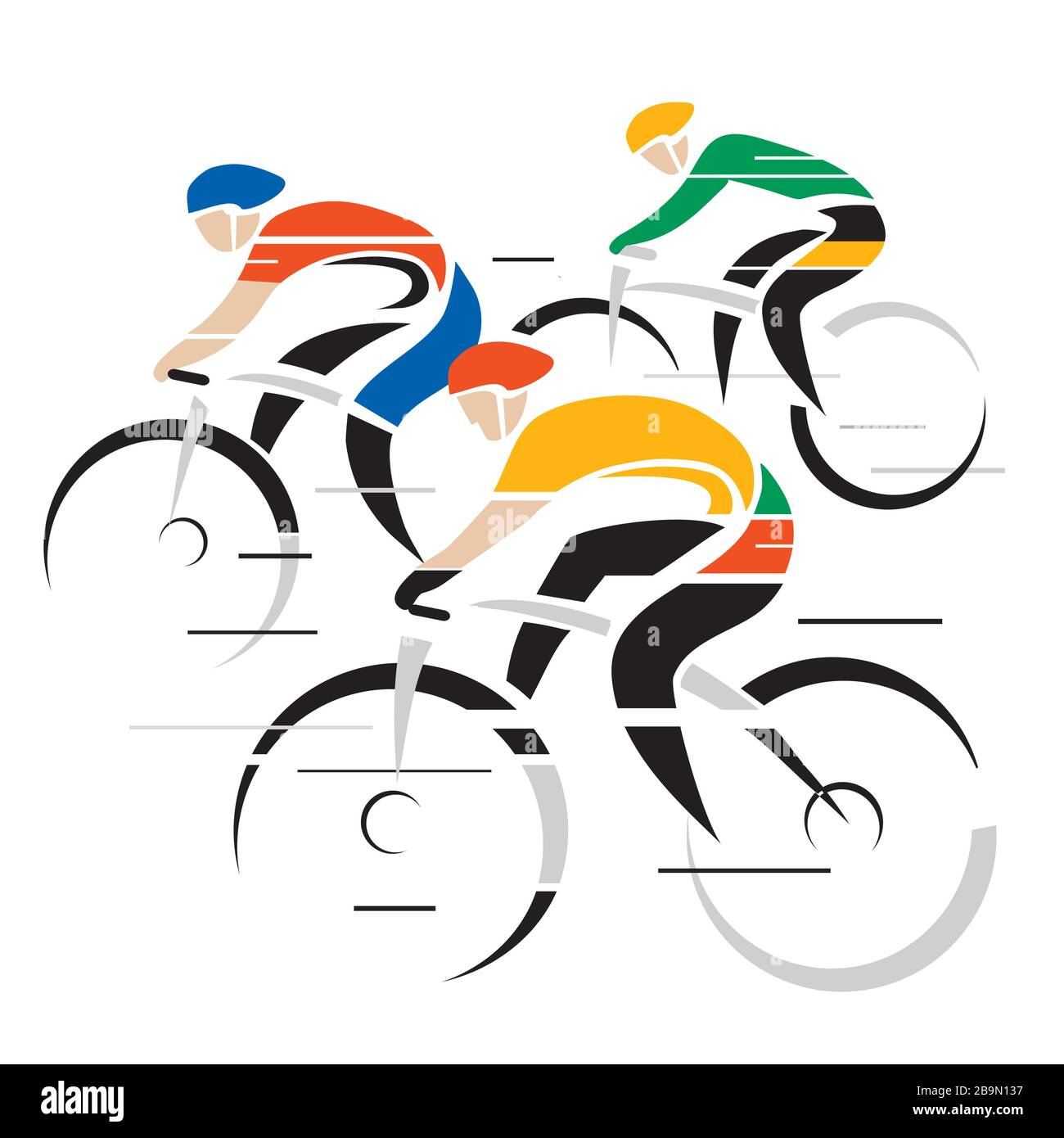 Drei Radfahrer, Wettbewerb. Stilisierte bunte Zeichnung von Radfahrern in voller Geschwindigkeit. Isoliert auf weißem Hintergrund. Vektor verfügbar. Stock Vektor