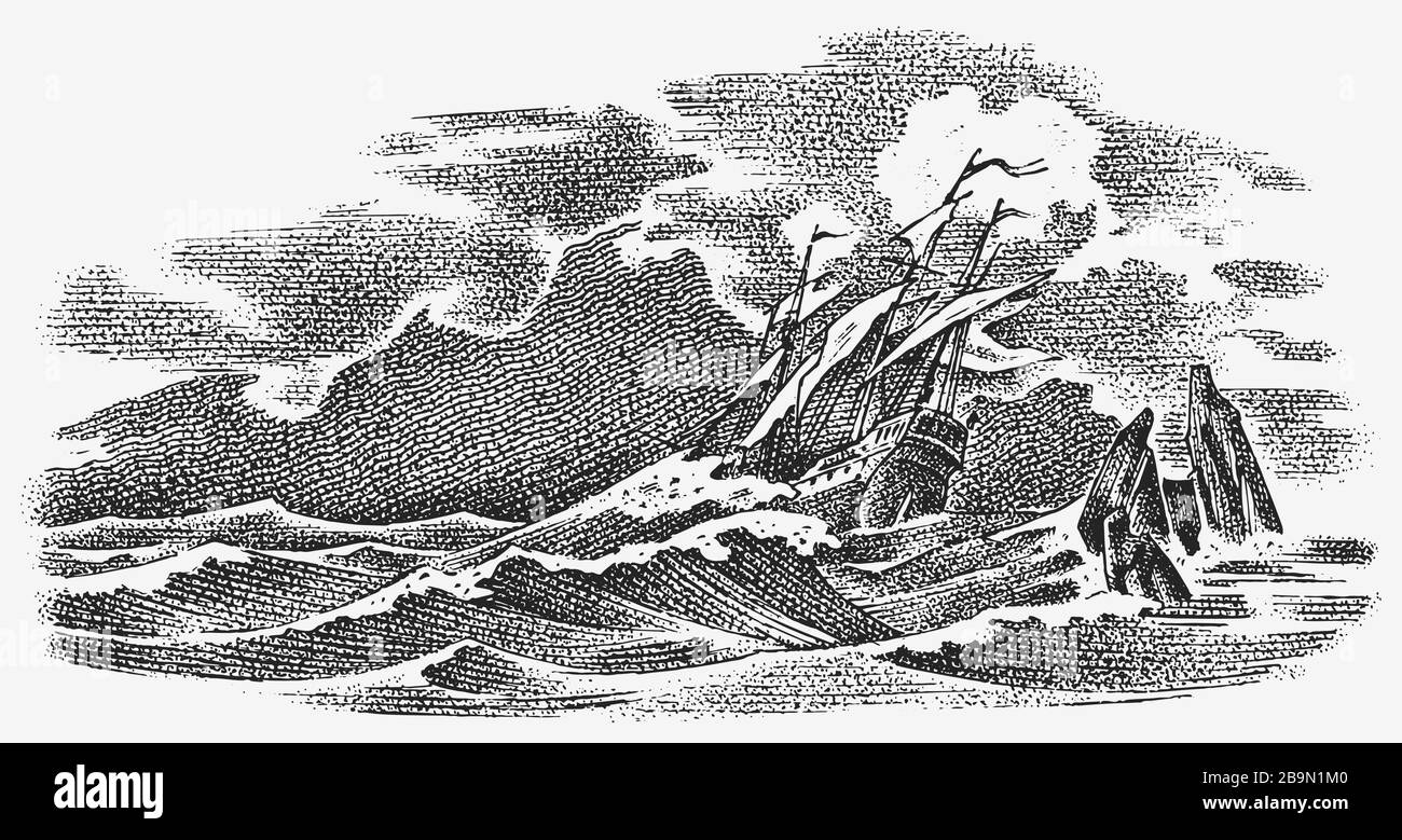 Sinkendes Schiff auf See. Meeressturm, starke Wellen. Monochrome Skizze in Vintage. Historisches Seescape. Vektorgrafiken für Banner oder Poster. Boot Stock Vektor