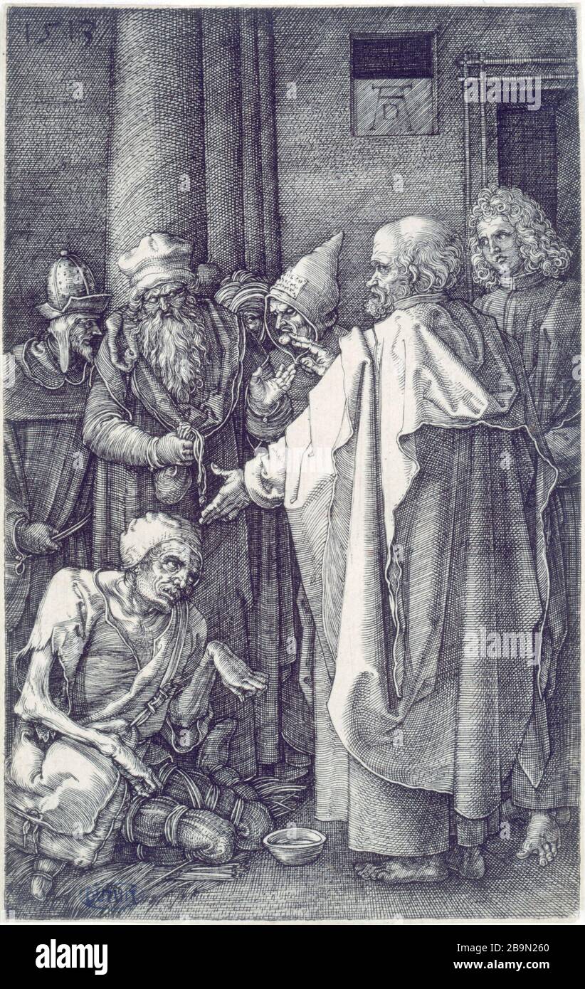 DER HEILIGE PETER UND DER HEILIGE PAUL heilten die LAHME DER TÜR DES TEMPELS Albrecht Dürer (1471-1528). 'Aint Pierre et Saint Paul guérissant le boîteux à la porte du Temple, B 18'. Burin et bois. Musée des Beaux-Arts de la Ville de Paris, Petit Palais. Stockfoto