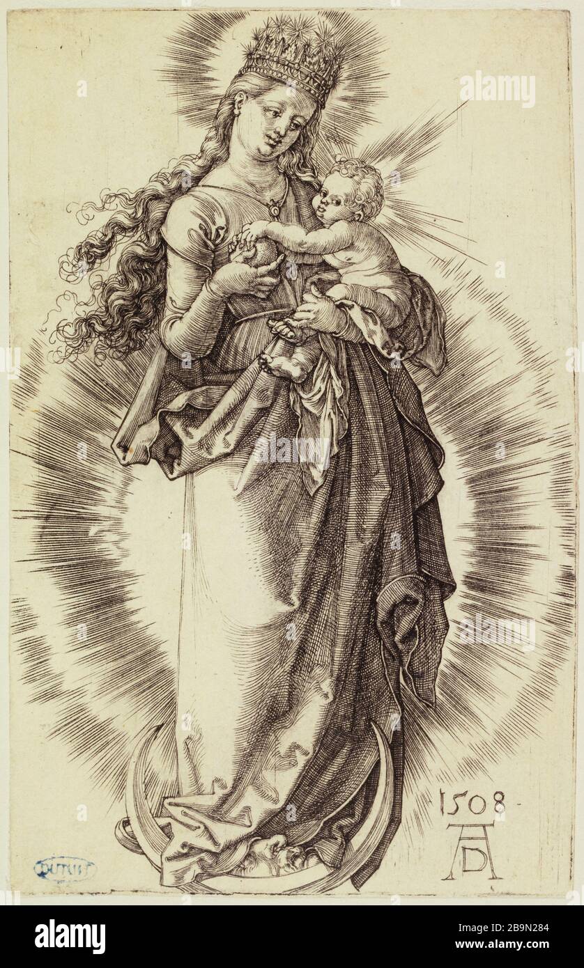 Madonna auf einem Halbmond, mit Sternenkrone (Bartsch 31) Albrecht Dürer (1471-1528). La Vierge sur un Croissant de lune, avec une couronne d'étoiles (Bartsch 31). 1508. Musée des Beaux-Arts de la Ville de Paris, Petit Palais. Stockfoto