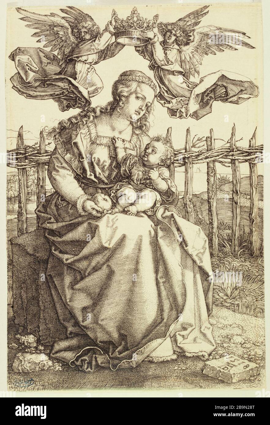 Die Jungfrau wird von zwei Engeln (Bartsch 39) Albrecht Dürer (1471-1528) gekrönt. La Vierge couronnée par deux anges (Bartsch 39). 1518. Musée des Beaux-Arts de la Ville de Paris, Petit Palais. Stockfoto