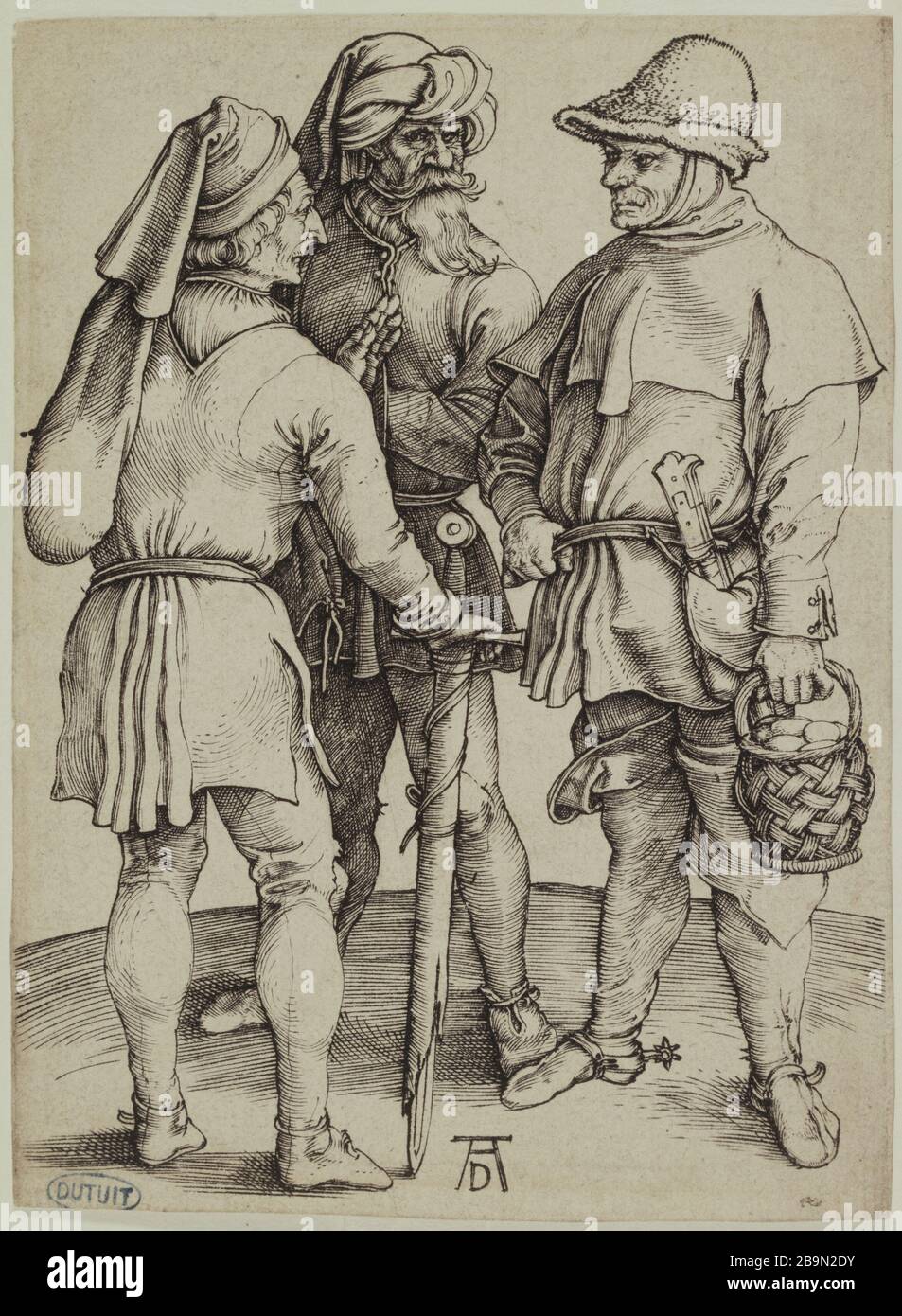 Drei Bauern im Gespräch (Bartsch 86) Albrecht Dürer (1471-1528). Trois Paysans en Conversation (Bartsch 86). 1497. Musée des Beaux-Arts de la Ville de Paris, Petit Palais. Stockfoto