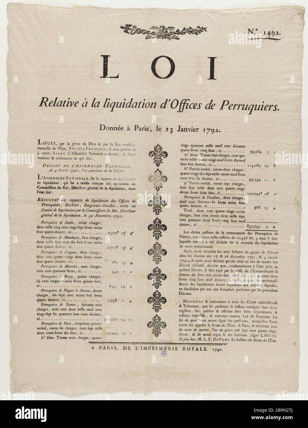 1492 GESETZ ÜBER DIE AUFLÖSUNG DER ÄMTER Perig Anonyme. "1492 Loi relative à la Liquidation d'Offices de perruquiers". Tiefdruck sur bois/Typographie. 17992. Paris, musée Carnavalet. Stockfoto