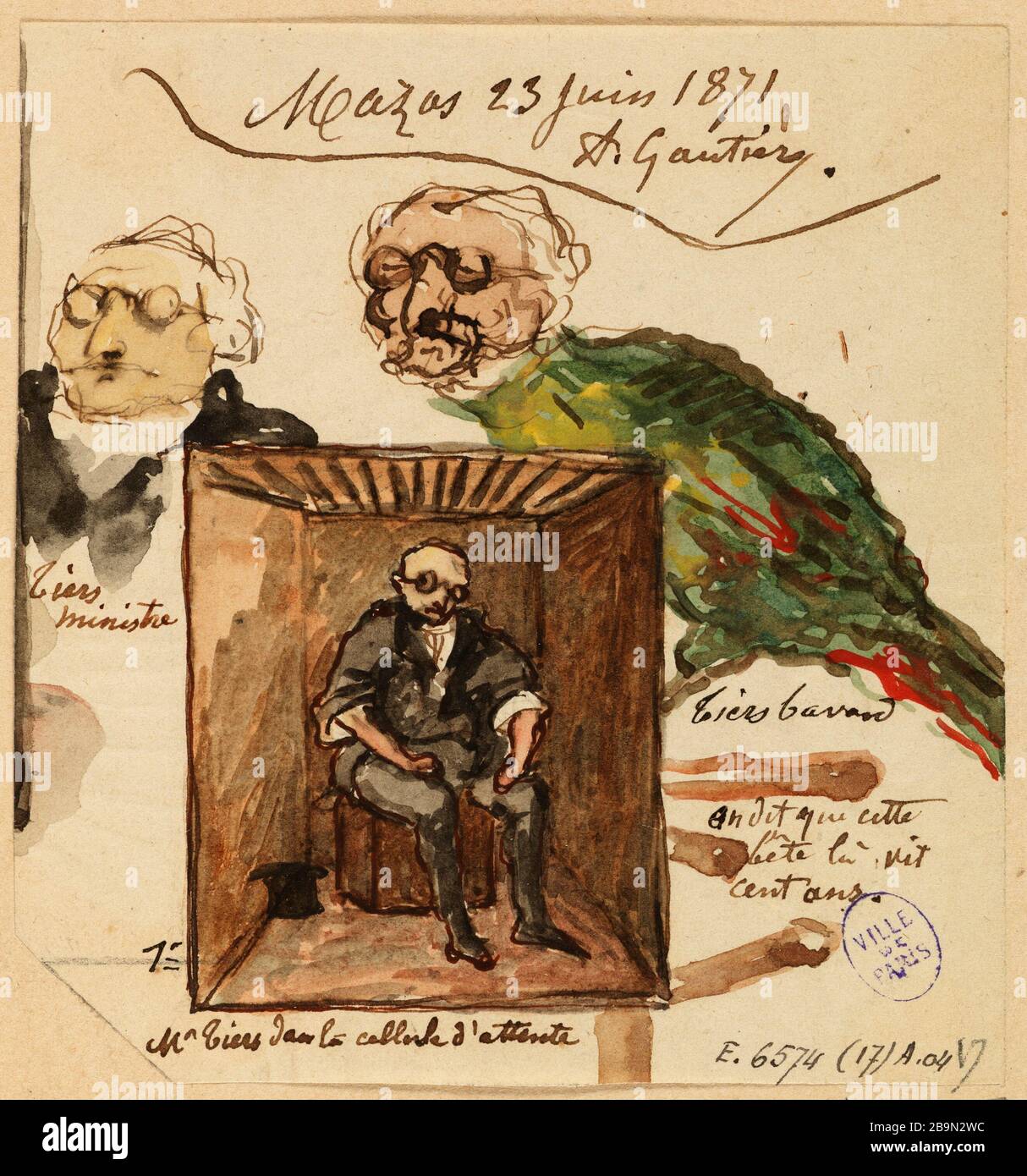 Karikaturen Thiers: Thiers Minister Thiers Talkative und Thiers in seiner Wartzelle Gautier, Armand-Désiré. "Karikaturen de Thiers: Thiers ministre, Thiers bavard et Thiers dans sa cellule d'attente". Plume et encre noire, aquarelle, trait de Mine de plomb. En schl. En schl. 1-1871. Paris, musée Carnavalet. Stockfoto