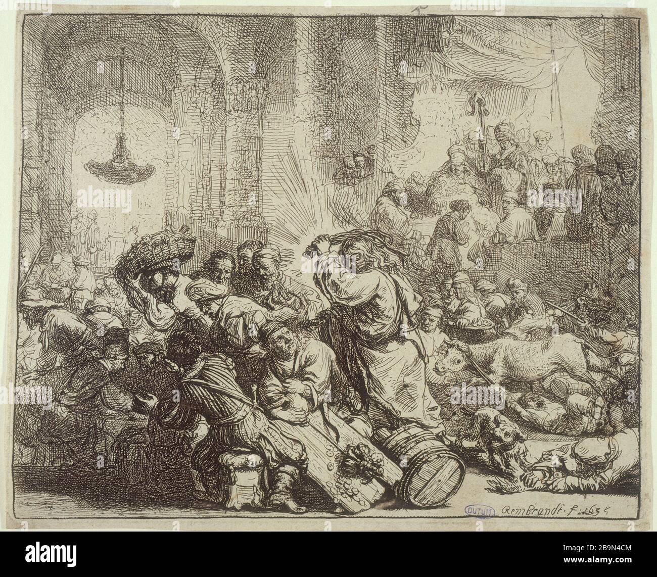 JESUS ​​CHASING DIE HÄNDLER DES TEMPELS Harmensz Van Rijn Rembrandt (1606-1669). "Jésus chassant les marchands du Temple (B 69 - 1er état), 1635". Musée des Beaux-Arts de la Ville de Paris, Petit Palais. Stockfoto
