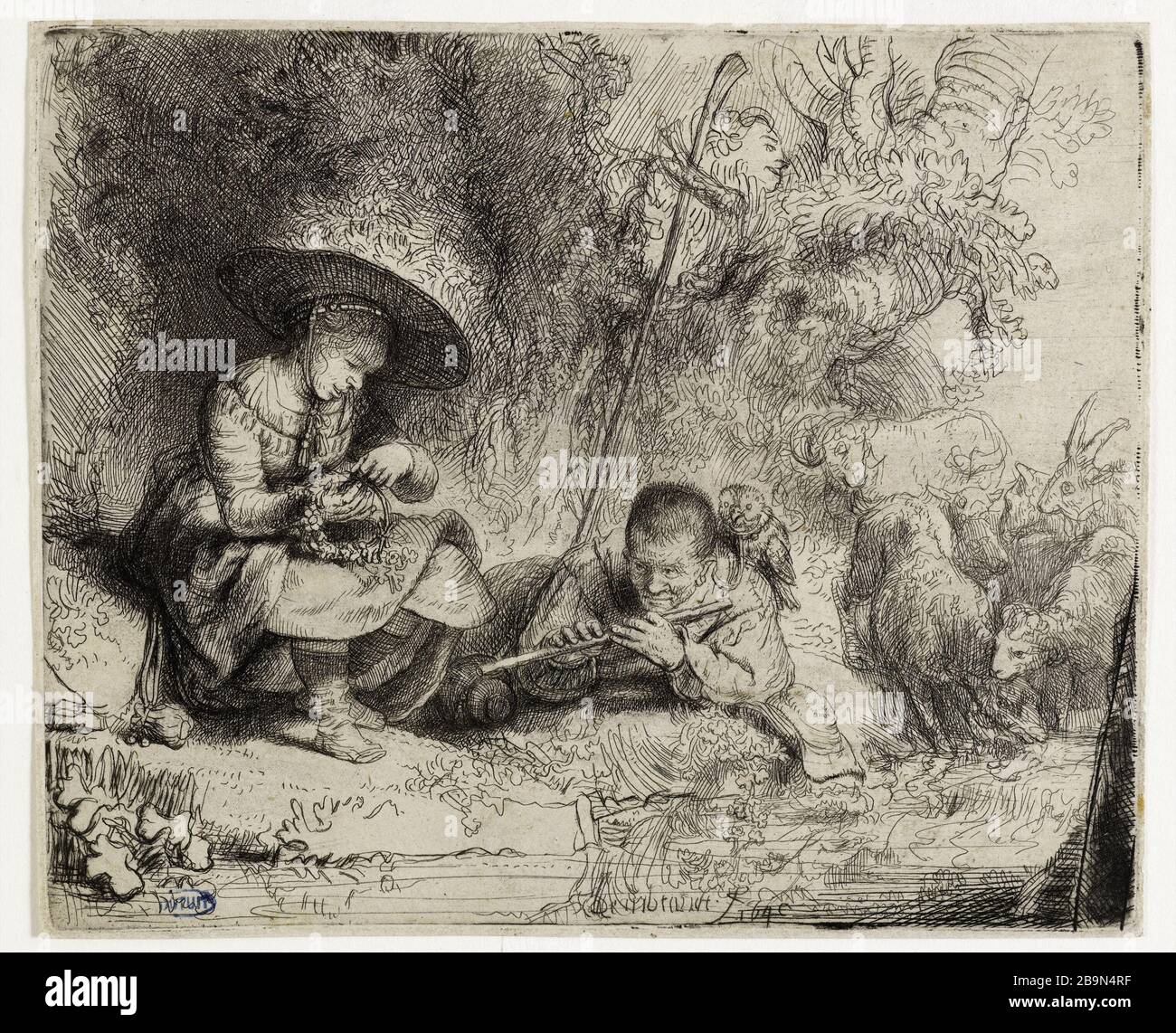 Der boshafte oder der Flötenspieler (Bartsch 188) Rembrandt Harmenszoon van Rijn (1606-1669), pintre hollandais. L'Espiègle ou Le joueur de flûte (Bartsch 188). Eau-forte, pointe sèche sur Papier européen, 1642. Musée des Beaux-Arts de la Ville de Paris, Petit Palais. Stockfoto