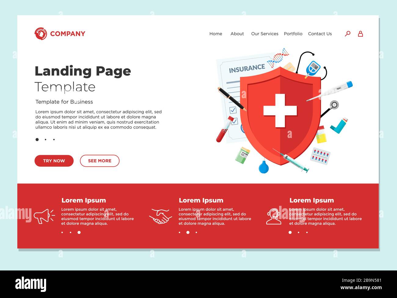 Medizinische Versicherung oder Immunsystem Konzept Landing Page Design Vorlage. Roter Schild auf Patientenschutzpolitik mit Medizin Pharmazie Drogen und Zubereitungen. Vector medizinische Website eps Illustration Stock Vektor