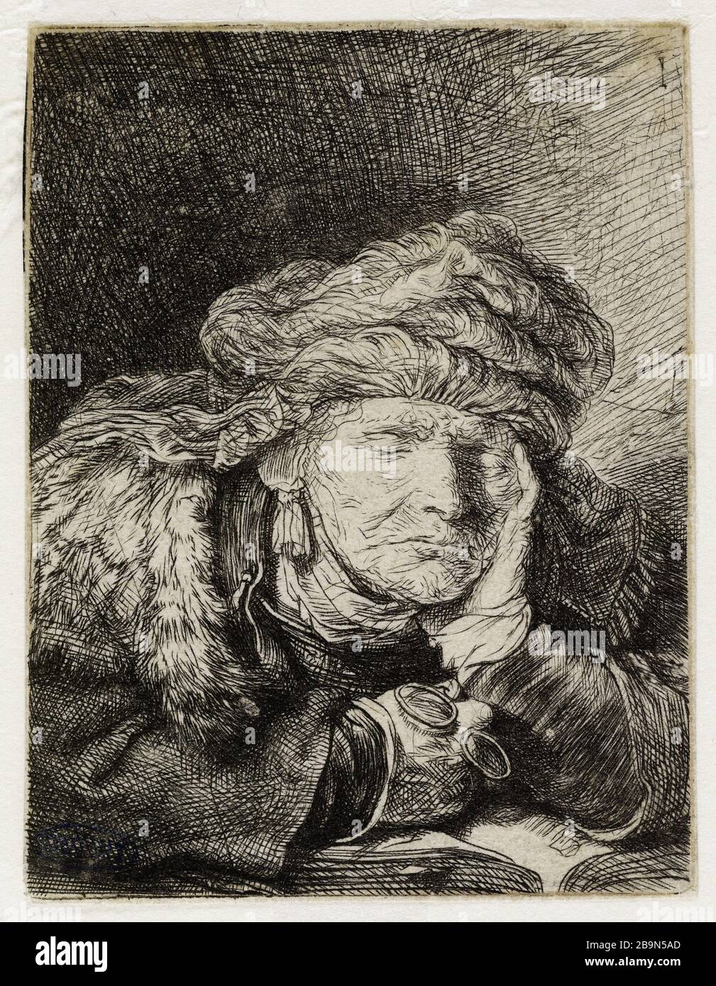 Alte Frau schläft (Bartsch 350) Rembrandt Harmenszoon van Rijn (1606-1669), peintre hollandais. Vieille femme ruhte (Bartsch 350). Eau-forte sur Papier européen, 1635-1637. Musée des Beaux-Arts de la Ville de Paris, Petit Palais. Stockfoto