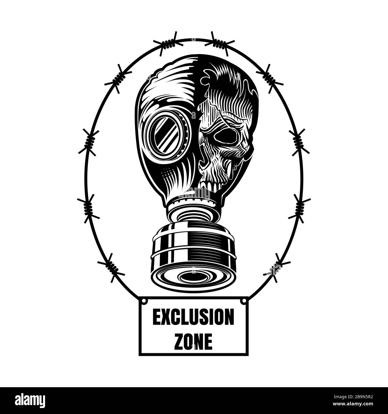 Zerbrochene Gasmaske der UdSSR-Zeit mit Schädel von einer Seite, in der Mitte von ovalem Stacheldraht. Stock Vektor