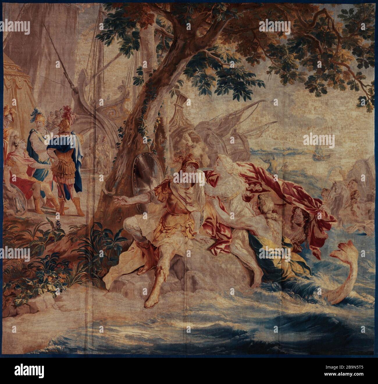 Achilles tröstet von Thetis - Tapisserie der Geschichte Achilles (Brüsseler Fabrik, Flanderns) 'Achille consolé par Thétis'. Tenture de l'Histoire d'Achille (Herstellung von Bruxelles, Flandres). Musée des Beaux-Arts de la Ville de Paris, Petit Palais. Stockfoto