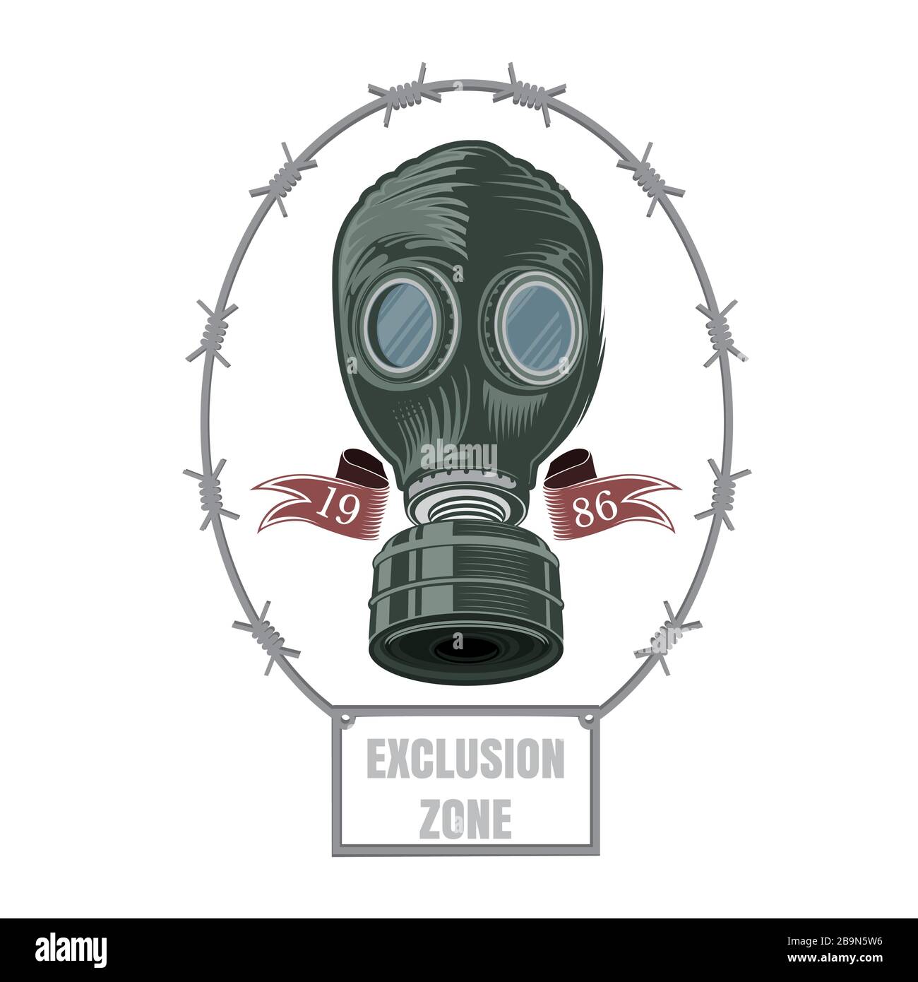 Tschernobyl. Farbgasmaske der UdSSR-Zeit in der Mitte des ovalen Stacheldrahts. Stock Vektor