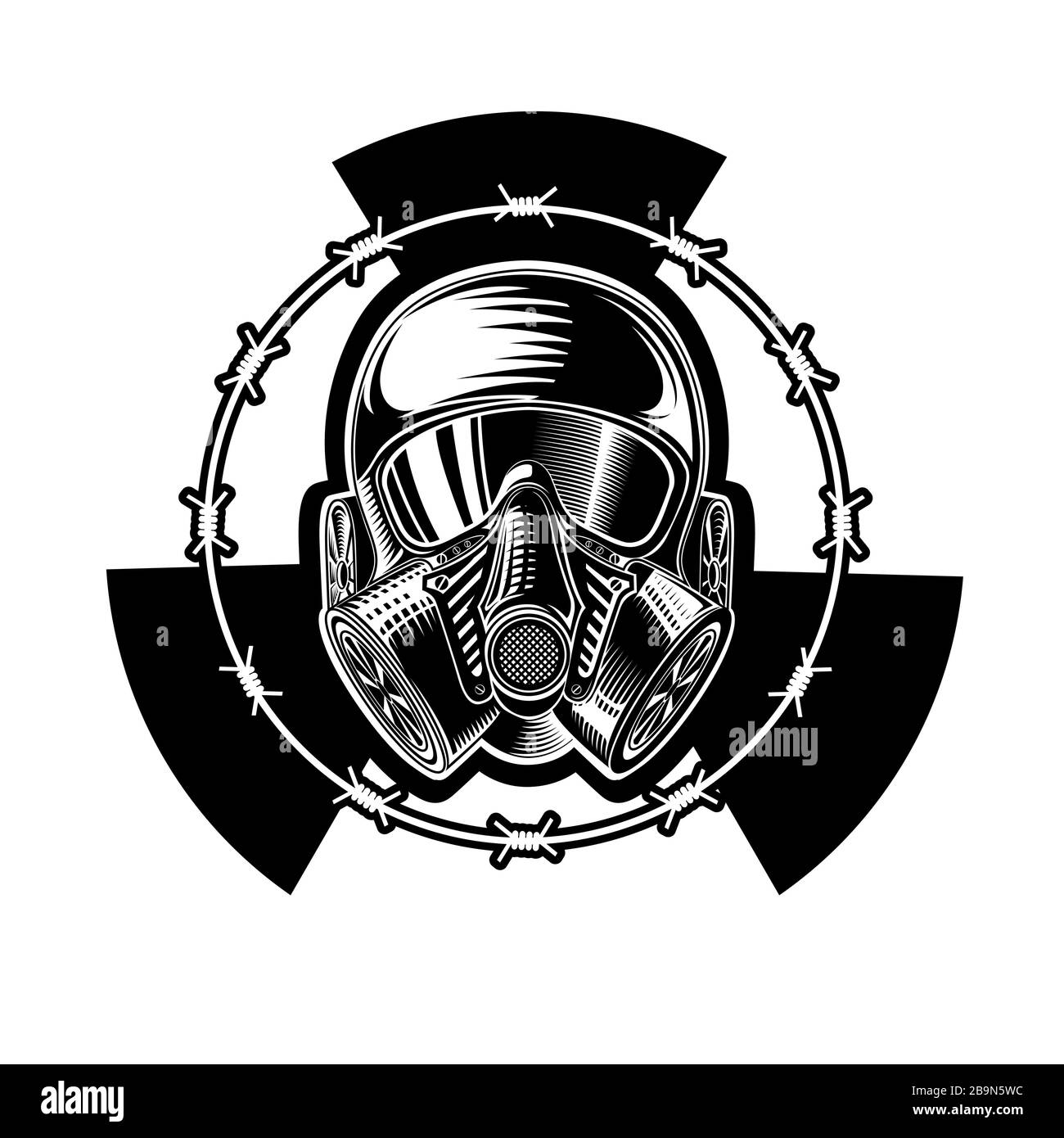 Ausschlusszone Von Tschernobyl. Gasmaske in der Mitte des Strahlenschildes und runder Stacheldraht, Stock Vektor