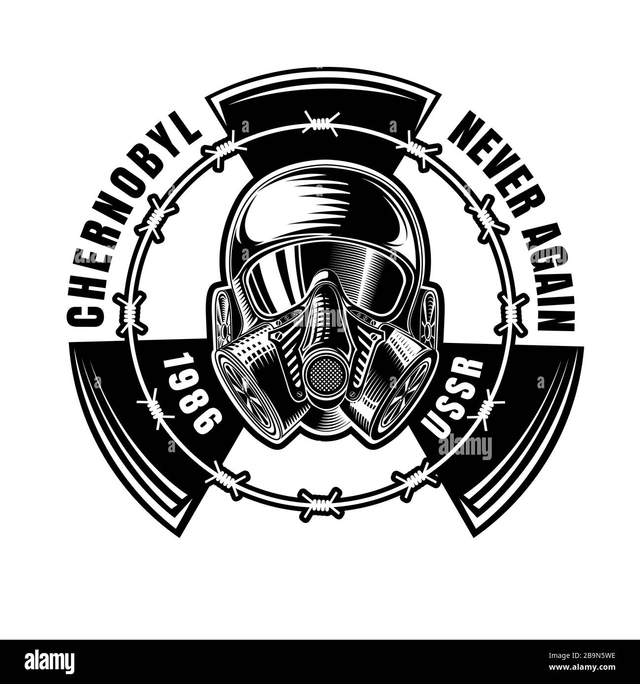 Tschernobyl. Gasmaske in der Mitte des Strahlensymbols und runder Stacheldraht, Stock Vektor