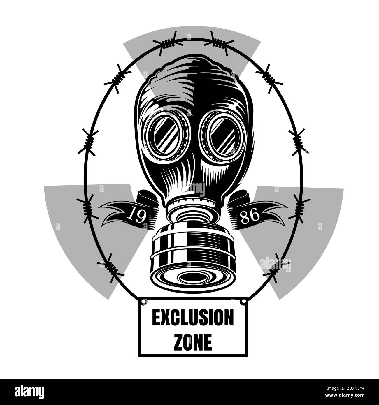 Tschernobyl. Gasmaske der UdSSR-Periode im Zentrum des Strahlensymbols und ovalen Stacheldrahts, Stock Vektor