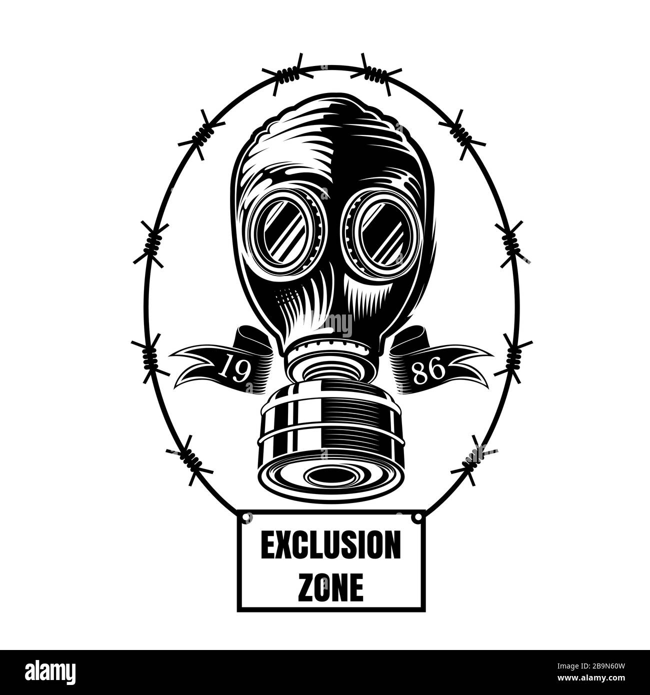 Tschernobyl. Gasmaske der UdSSR-Zeit im Zentrum von ovalem Stacheldraht. Stock Vektor