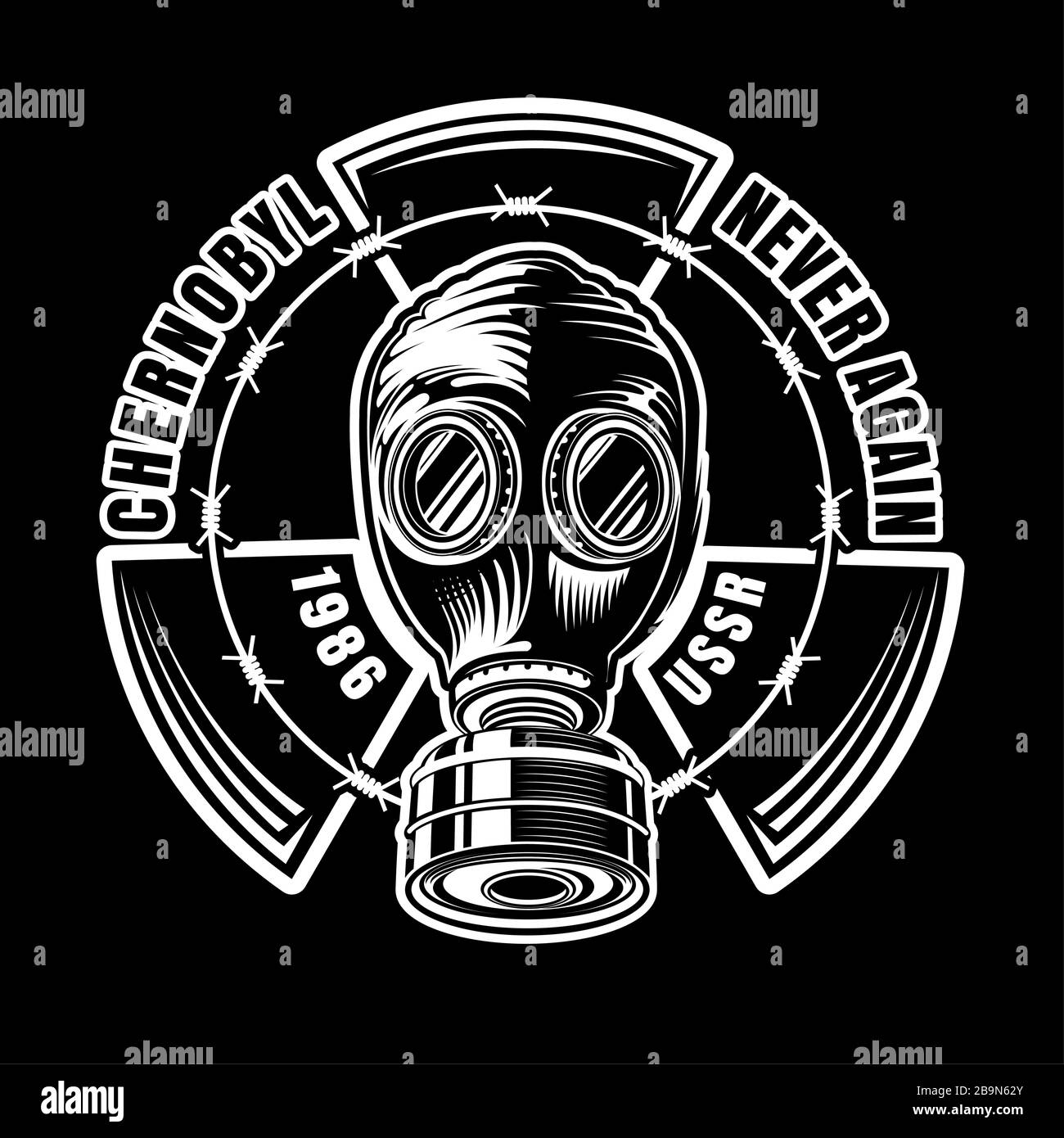 Tschernobyl. Gasmaske der UdSSR-Zeit im Zentrum des Strahlensymbols und runder Stacheldraht auf der Tafel Stock Vektor