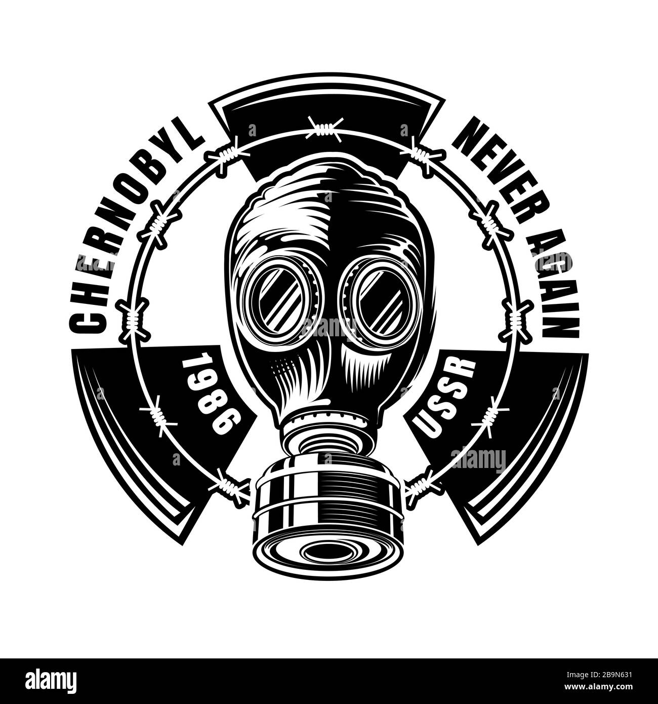 ??hernobyl. Gasmaske der UdSSR-Zeit im Zentrum des Strahlensymbols und runder Stacheldraht Stock Vektor