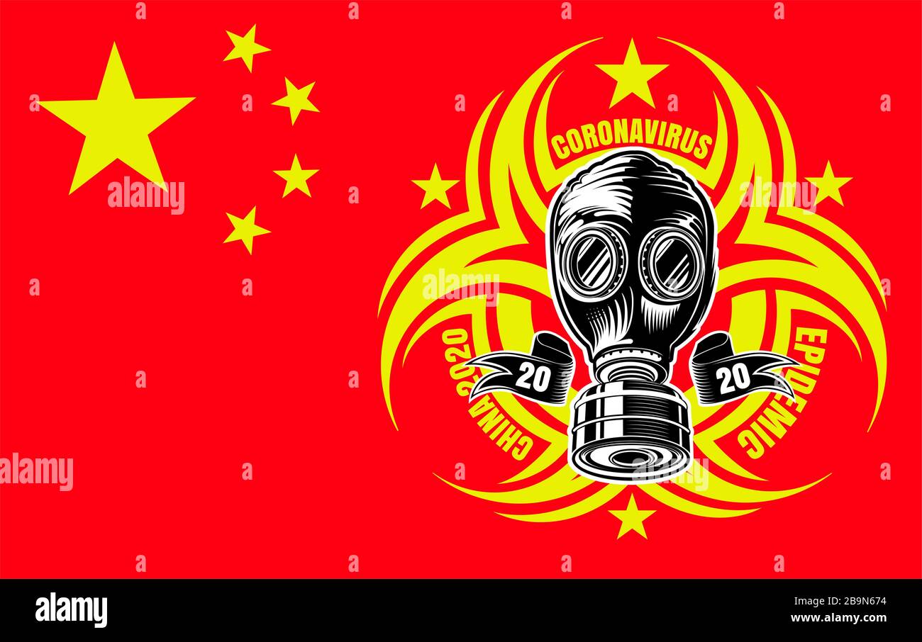 Coronavirus. Vintage-Gasmaske in der Mitte des gelben Symbols biologische Gefahr auf der roten china-flagge, Stock Vektor